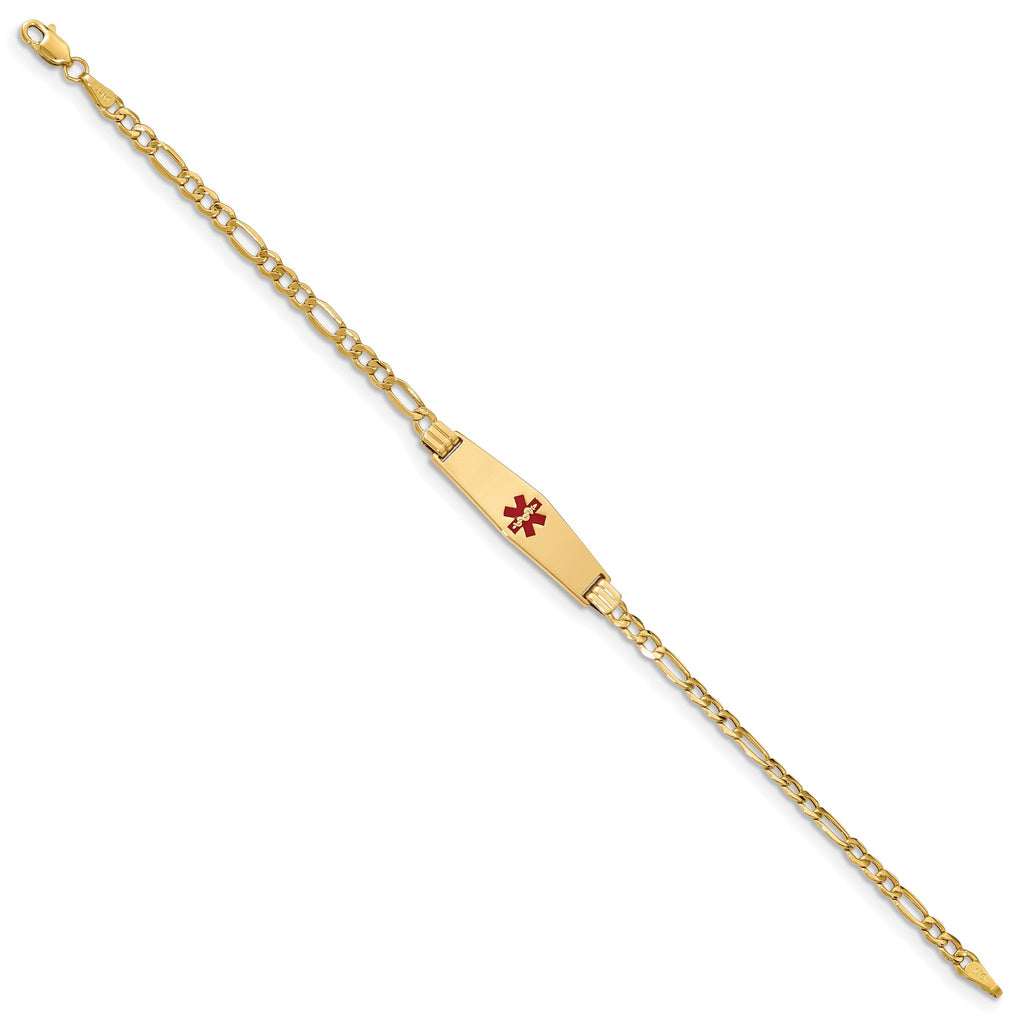 14K Medical Semi-Solid Chain/Solid Plate 26x7mm Soft Diamond Shape Centered Red Enamel Figaro Link 8 inch ID Bracelet
