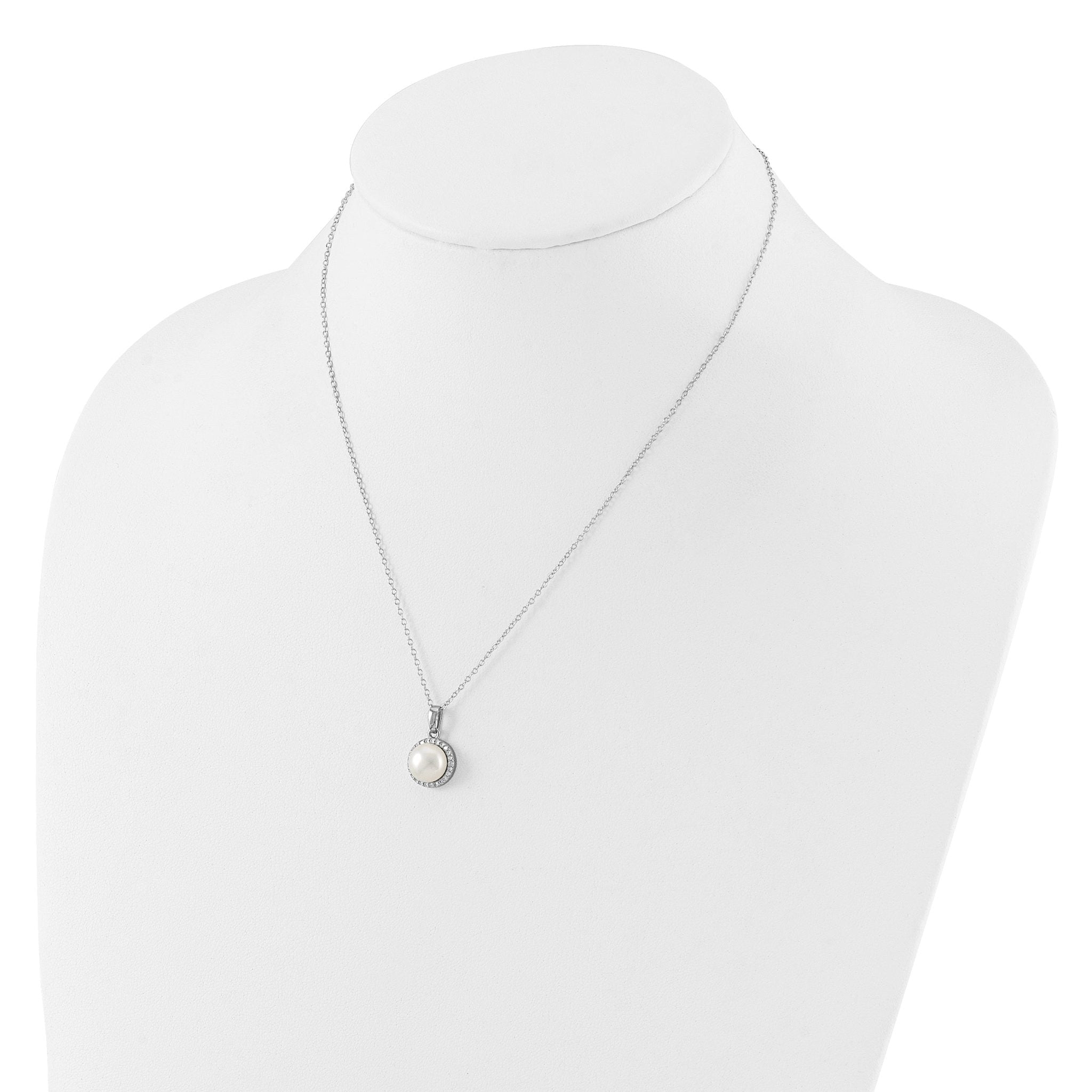 Sterling Silver Rhodium-plated 8-9.5mm White Button Freshwater Cultured Pearl and CZ 17 inch Necklace and Post Earrings Set