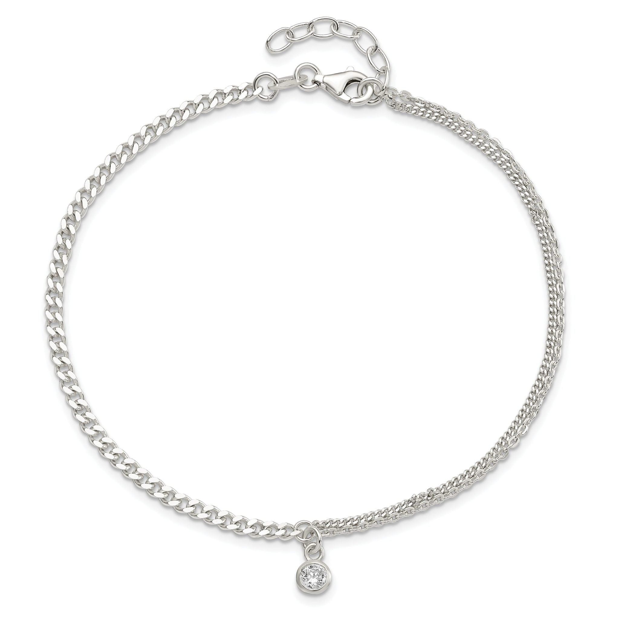 Sterling Silver CZ Fancy Chain 9in Plus 1in Ext. Anklet