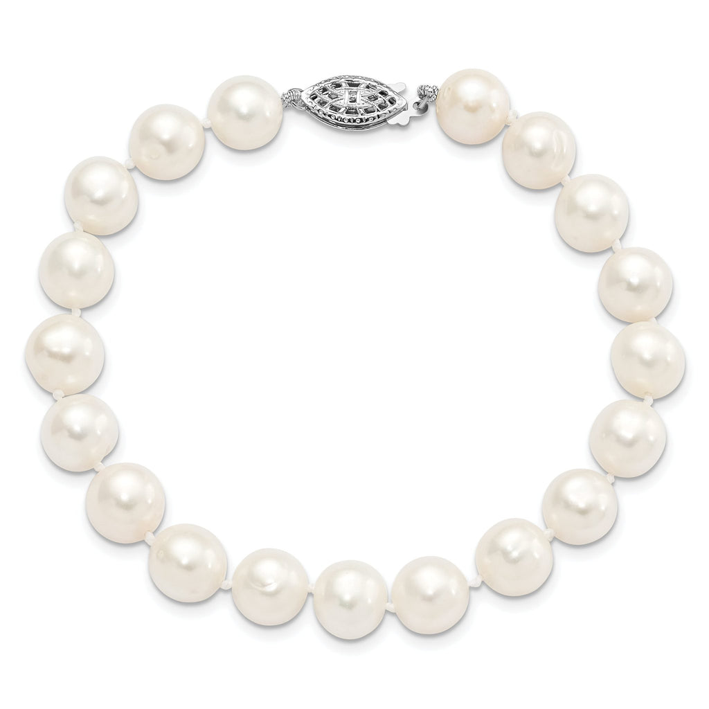 Sterling Silver Rhodium-plated 9-10mm White Near-Round Freshwater Cultured Pearl 7.25 inch Bracelet