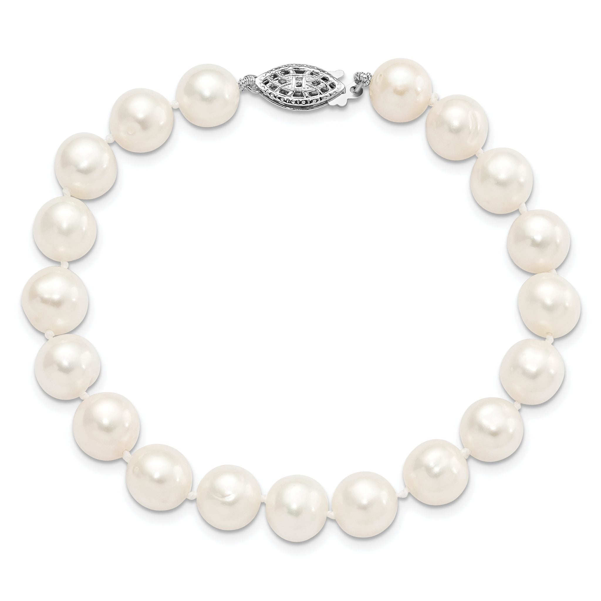Sterling Silver Rhodium-plated 9-10mm White Near-Round Freshwater Cultured Pearl 7.25 inch Bracelet
