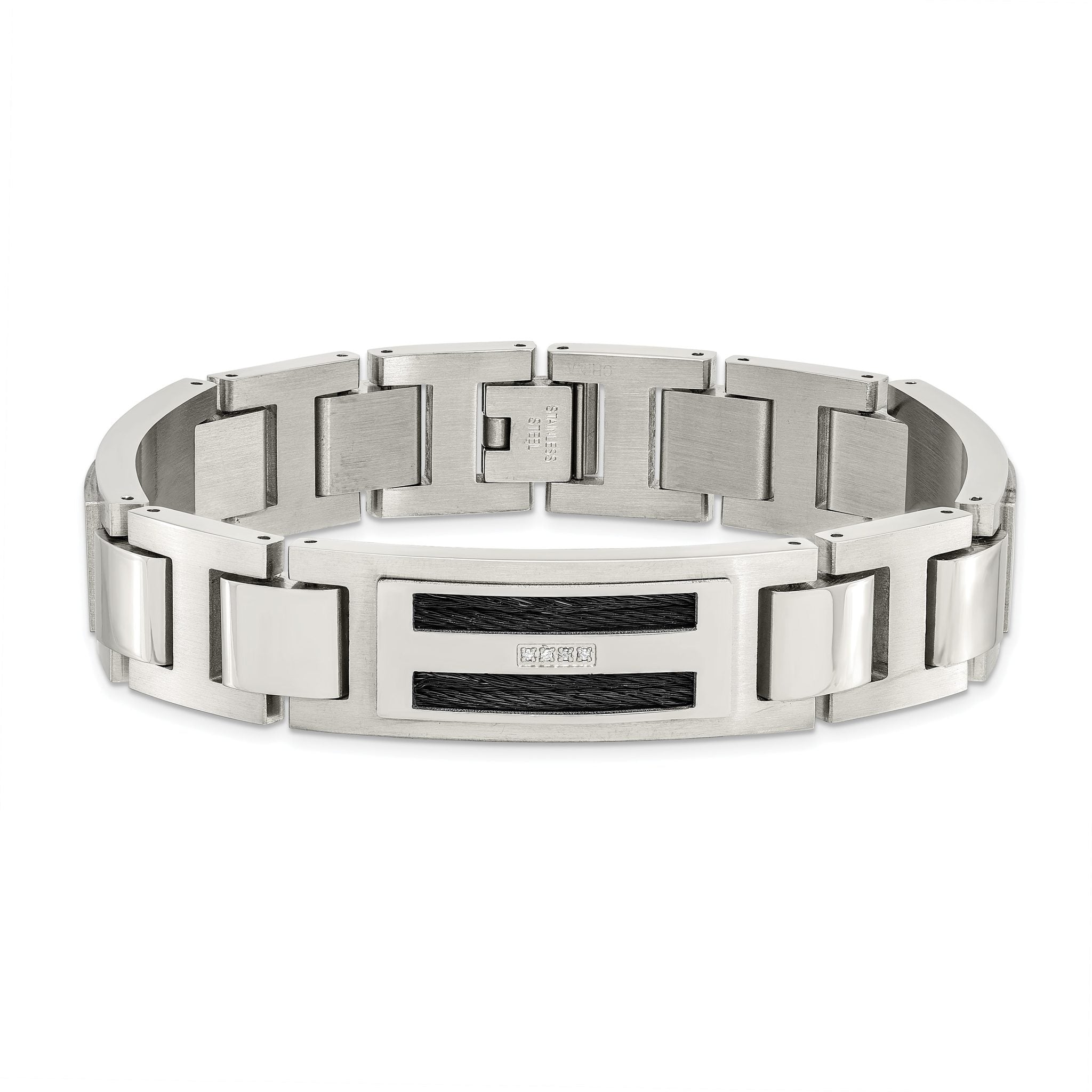 Stainless Steel Polished and Matte Black IP-plated with .05 carat Diamond Bracelet for Men