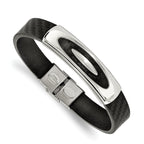 Stainless Steel Polished Black Leather Bracelet for Men