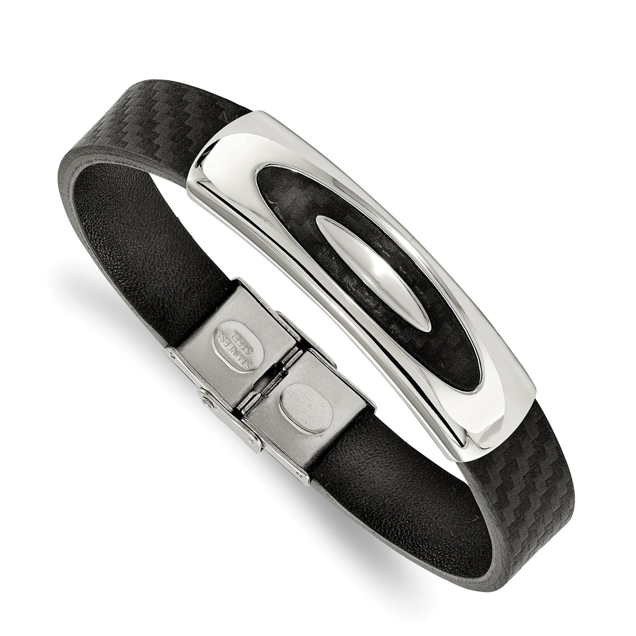 Stainless Steel Polished Black Leather Bracelet for Men