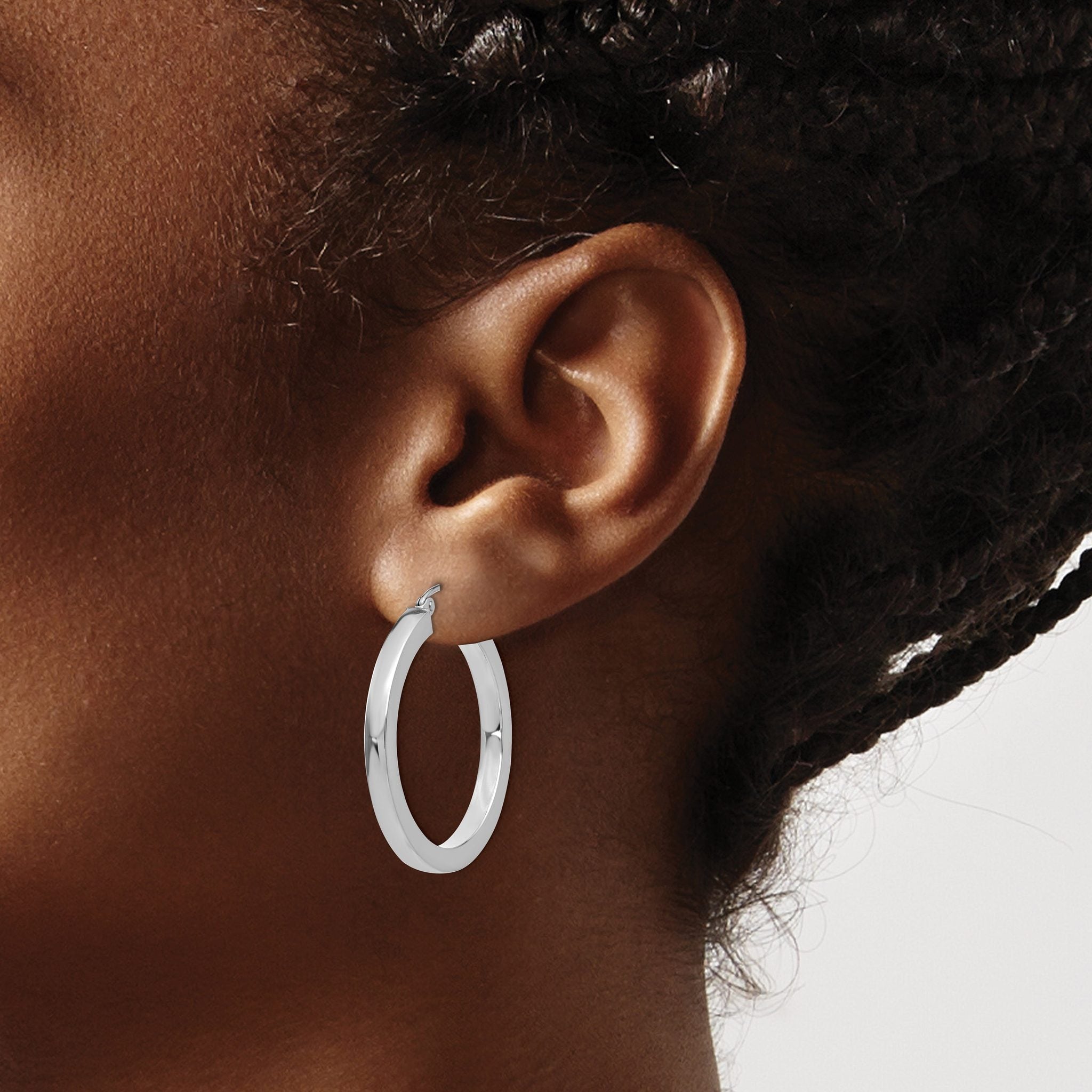 10k White Gold 3mm Polished Square Tube Hoop Earrings