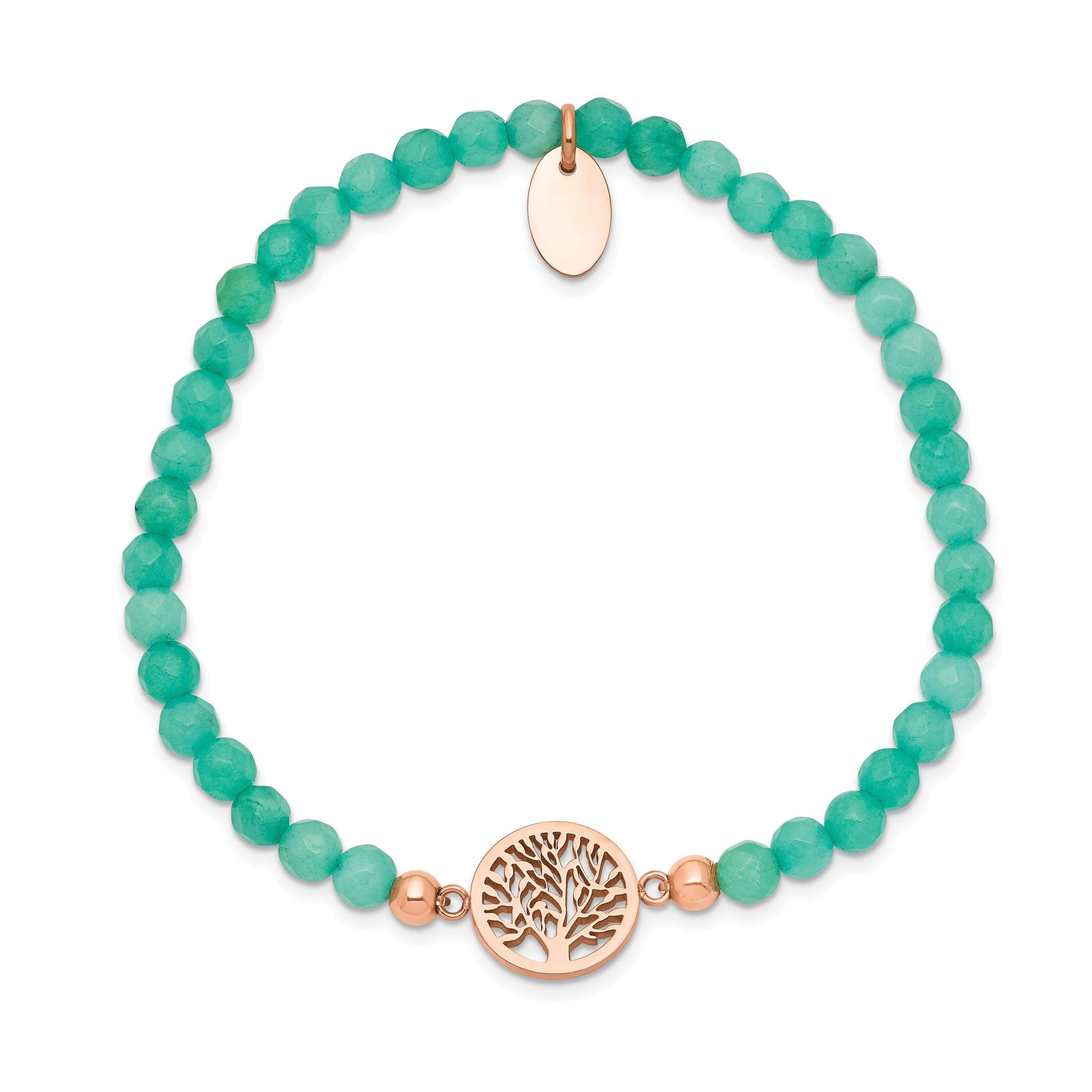Stainless Steel Polished Rose IP-plated Tree of Life 4mm Mint Jade Beaded Stretch Bracelet for Women Secondary image
