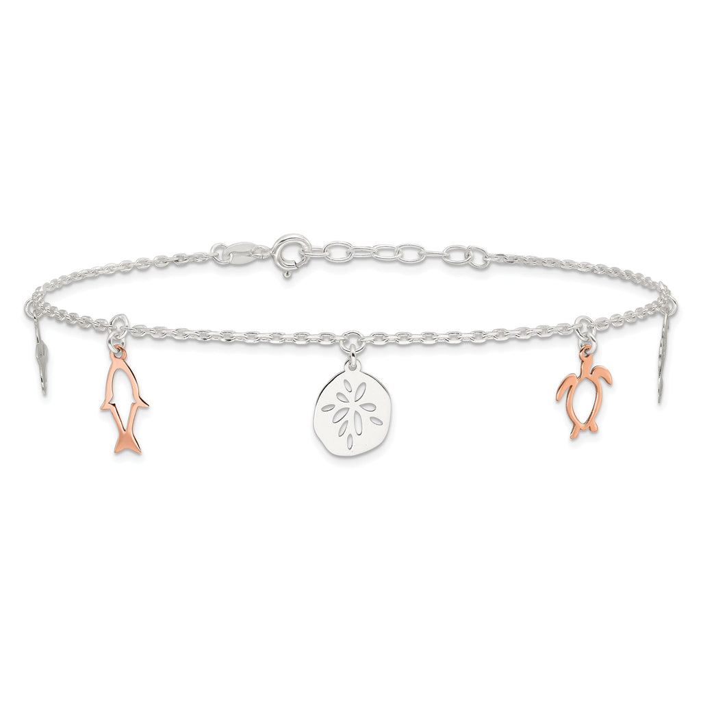 Sterling Silver Rose-tone Seashore Charms 9 inch Plus 1 inch Extender - Total 10 inch Anklet