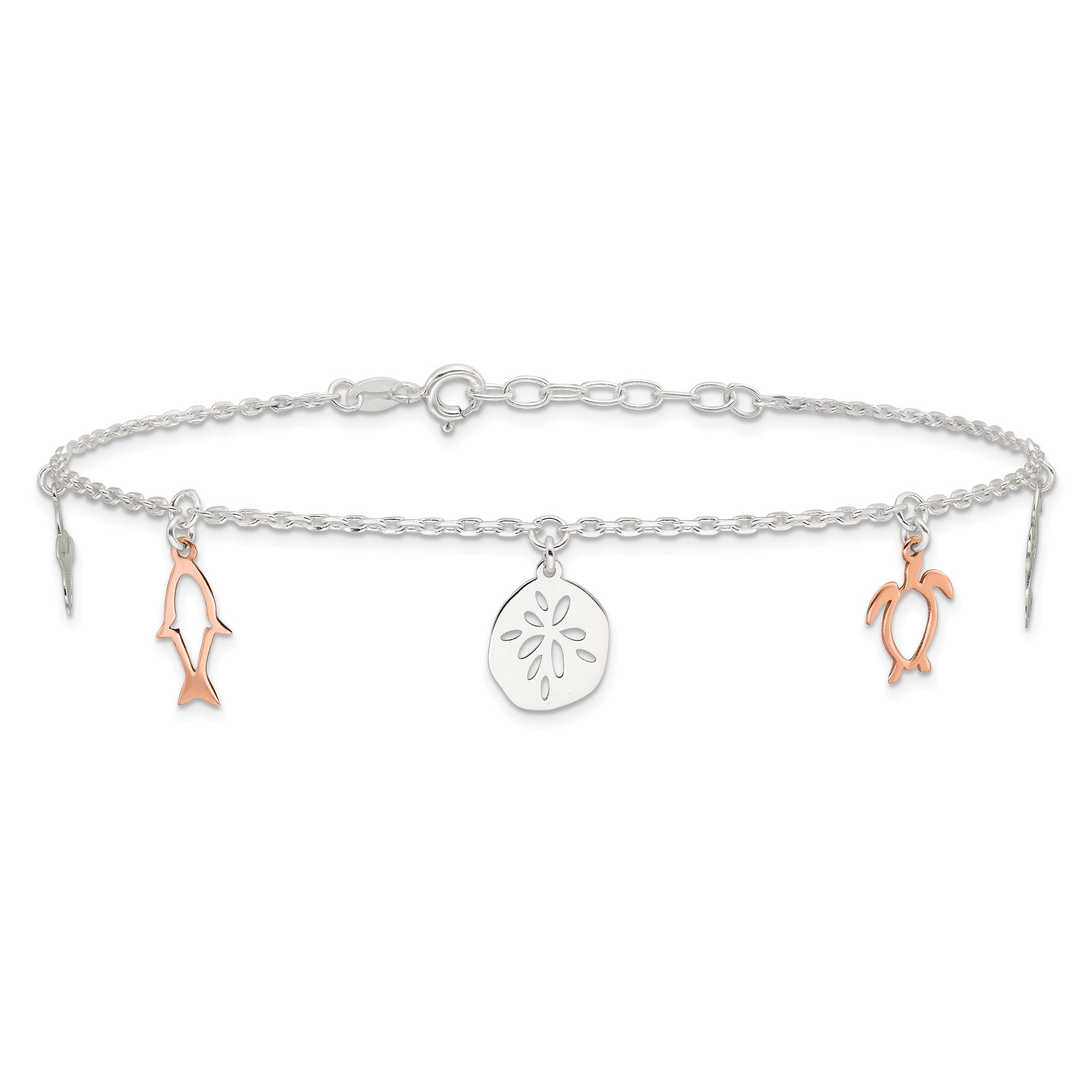 Sterling Silver Rose-tone Seashore Charms 9 inch Plus 1 inch Extender - Total 10 inch Anklet
