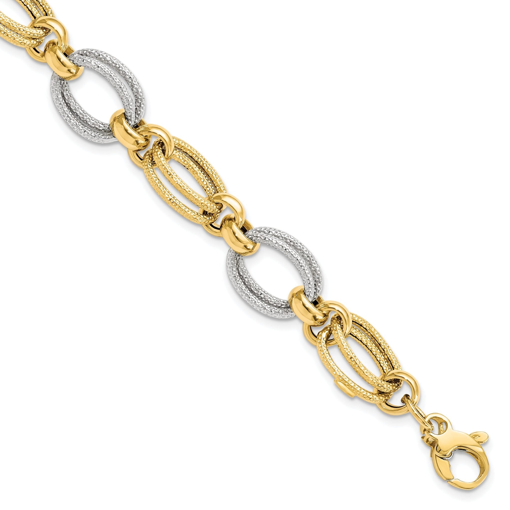 14K Two-tone Polished and Textured Fancy Link Bracelet Main image