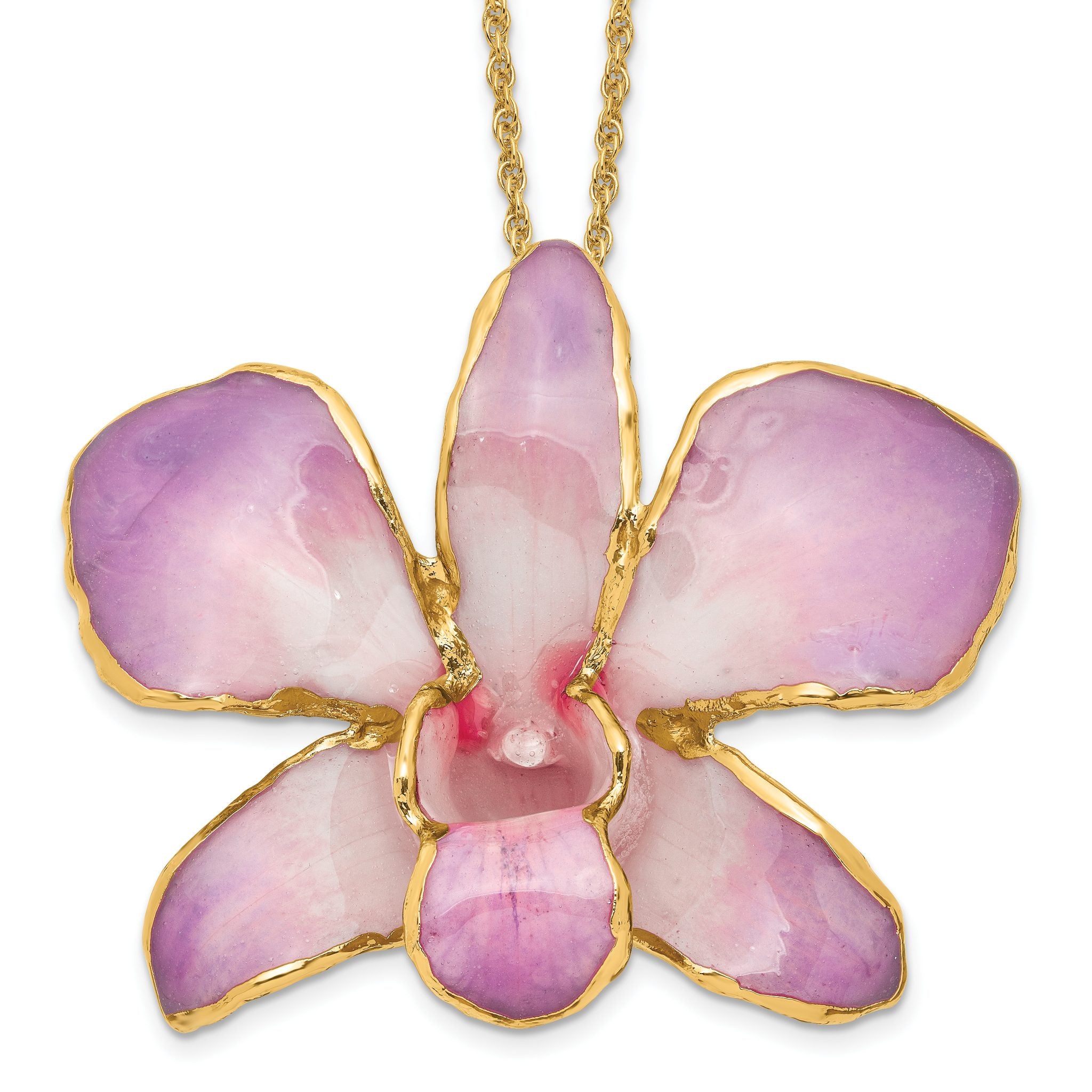 24K Gold-trim Lacquer Dipped White and Lilac Real Dendrobium Orchid 20 inch Gold-tone Necklace Main image