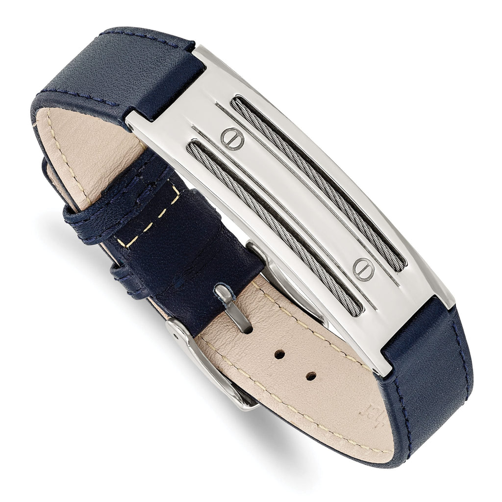 Stainless Steel Polished Blue Leather with Wire Adjustable Buckle Bracelet for Men