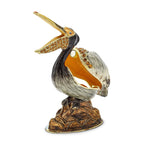 Luxury Giftware by Jere Pewter Bejeweled Crystals Gold-tone Enameled PATSY Pelican on Rocks Trinket Box with Matching 18 Inch Necklace