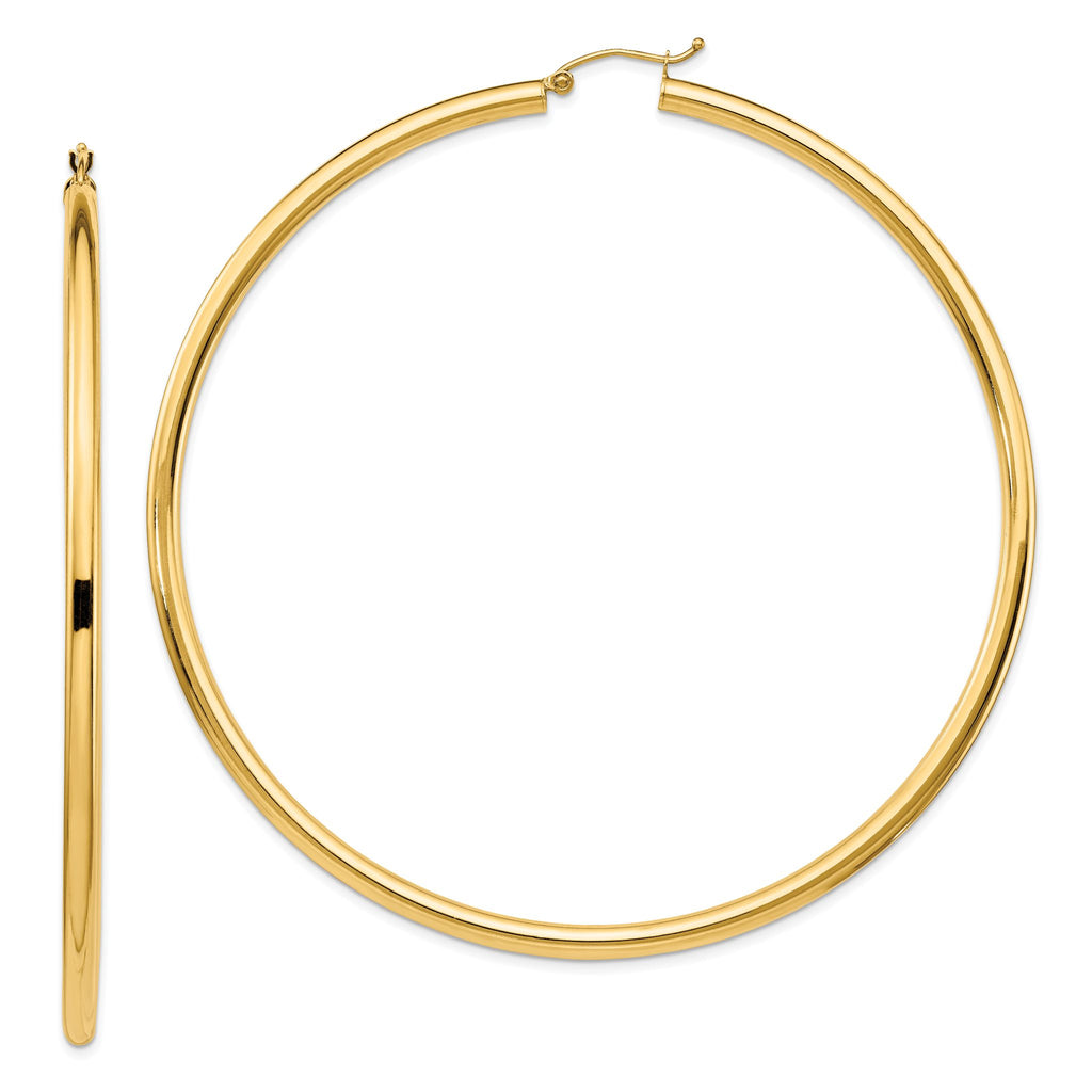 14k Polished 3x80mm Round Tube Hoop Earrings