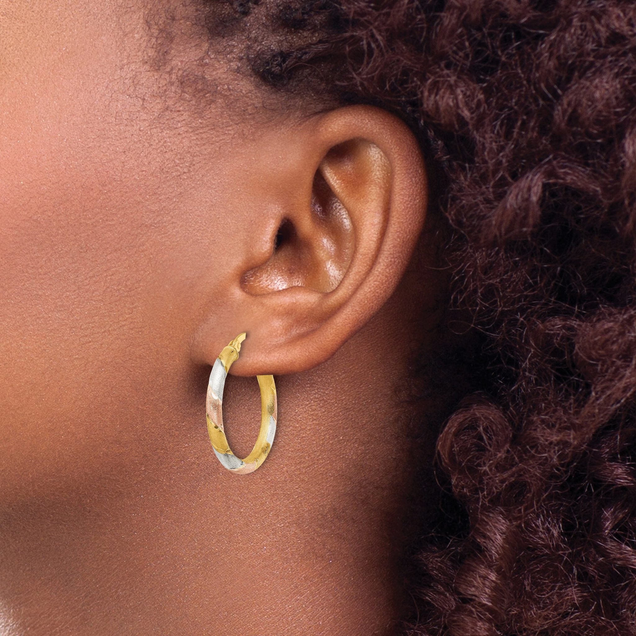 Sterling Silver Gold and Rose-tone Diamond-cut Circle Hoop Earrings