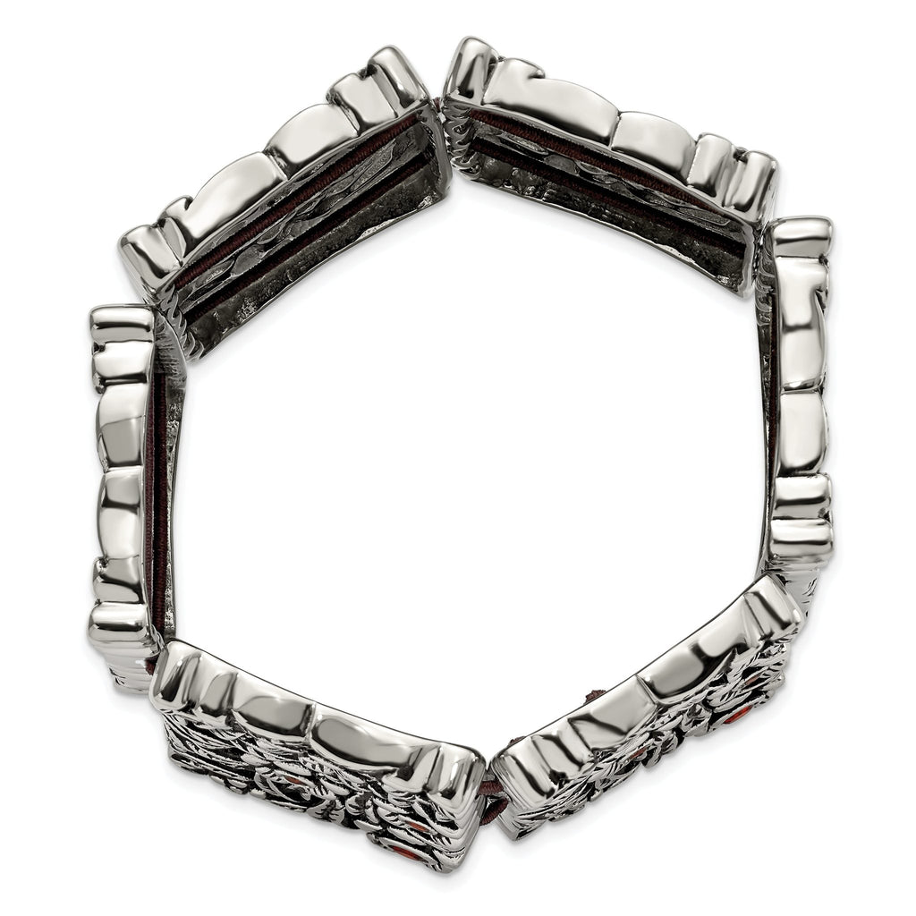 Stainless Steel Antiqued and Polished with Red Cubic Zirconia Stretch Bracelet for Women