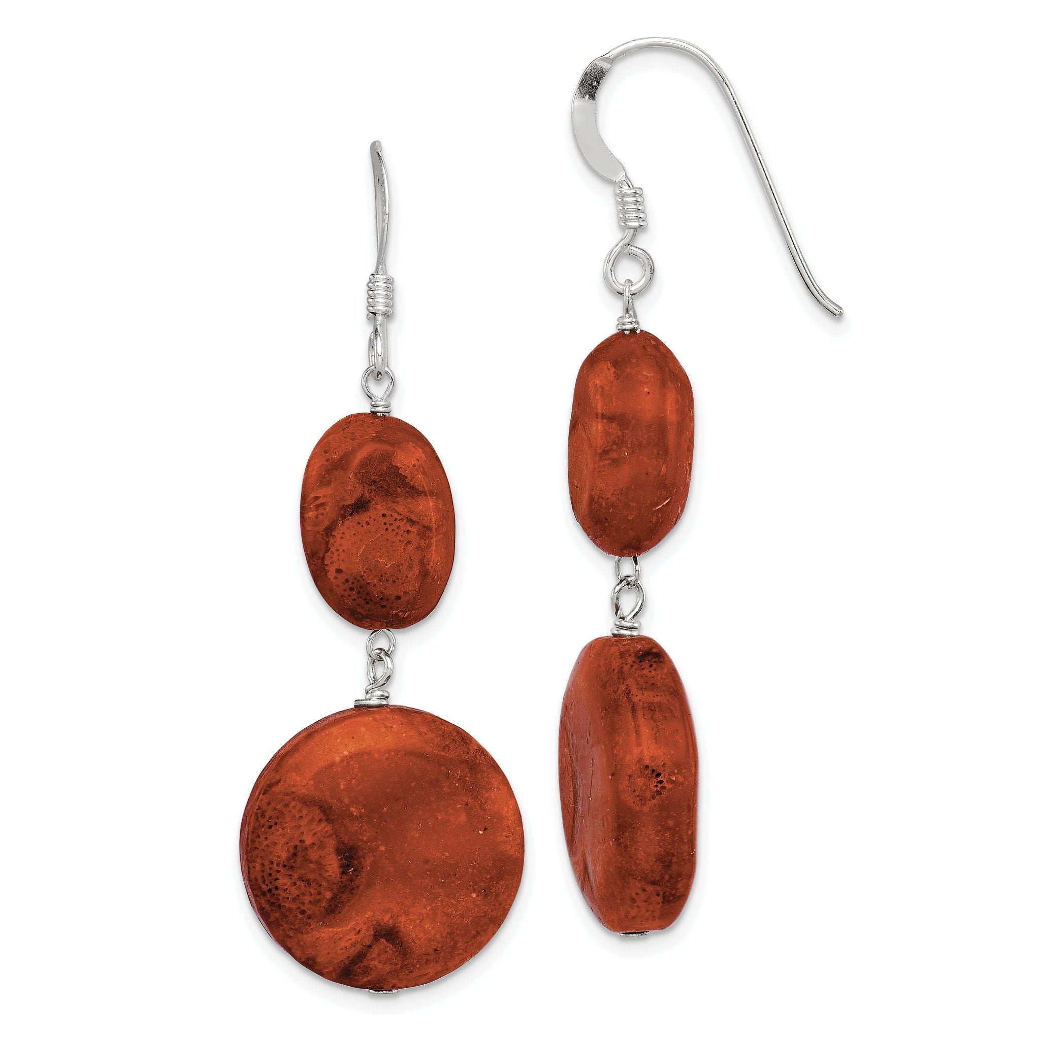 Sterling Silver Polished Round & Oval Recon. Red Coral Dangle Earrings Main image