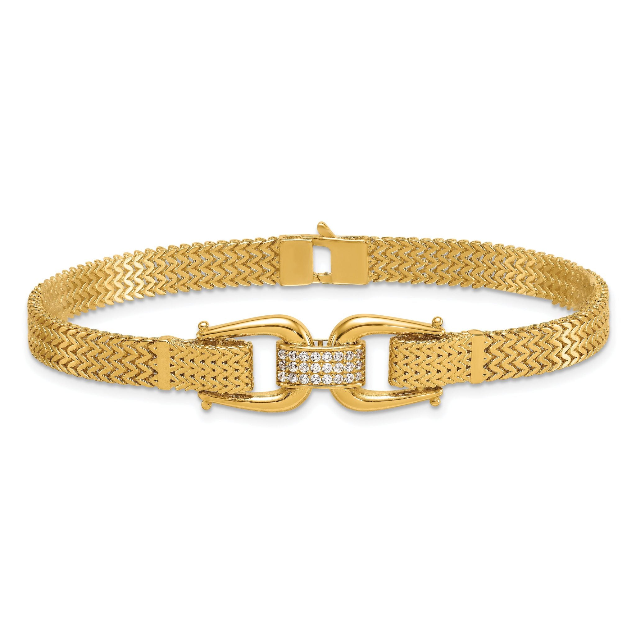14k Polished CZ Center 7.5 inch Fancy Zig-Zag Link Bracelet