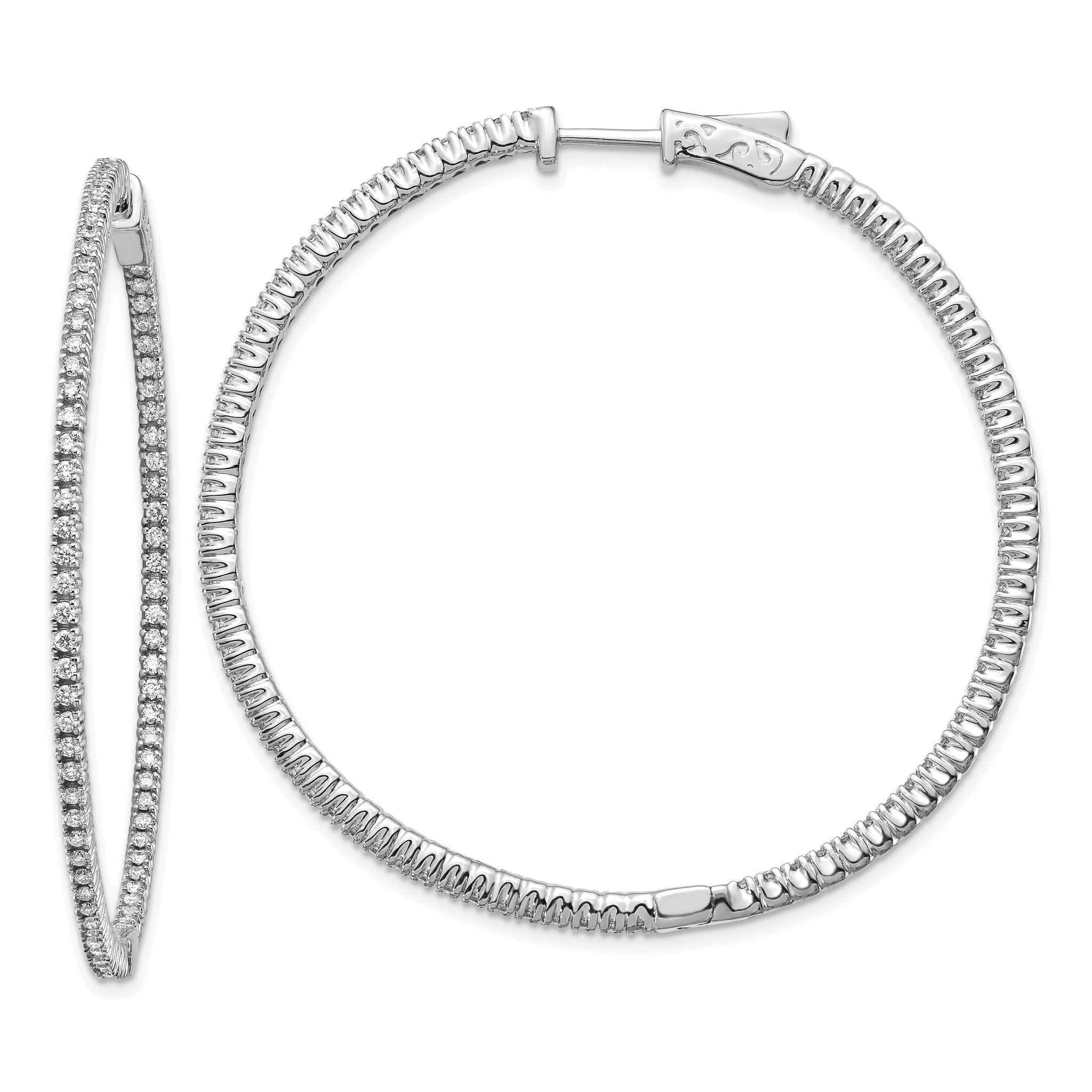 14k White Gold Diamond Round Hoop w/Safety Clasp Earrings Main image