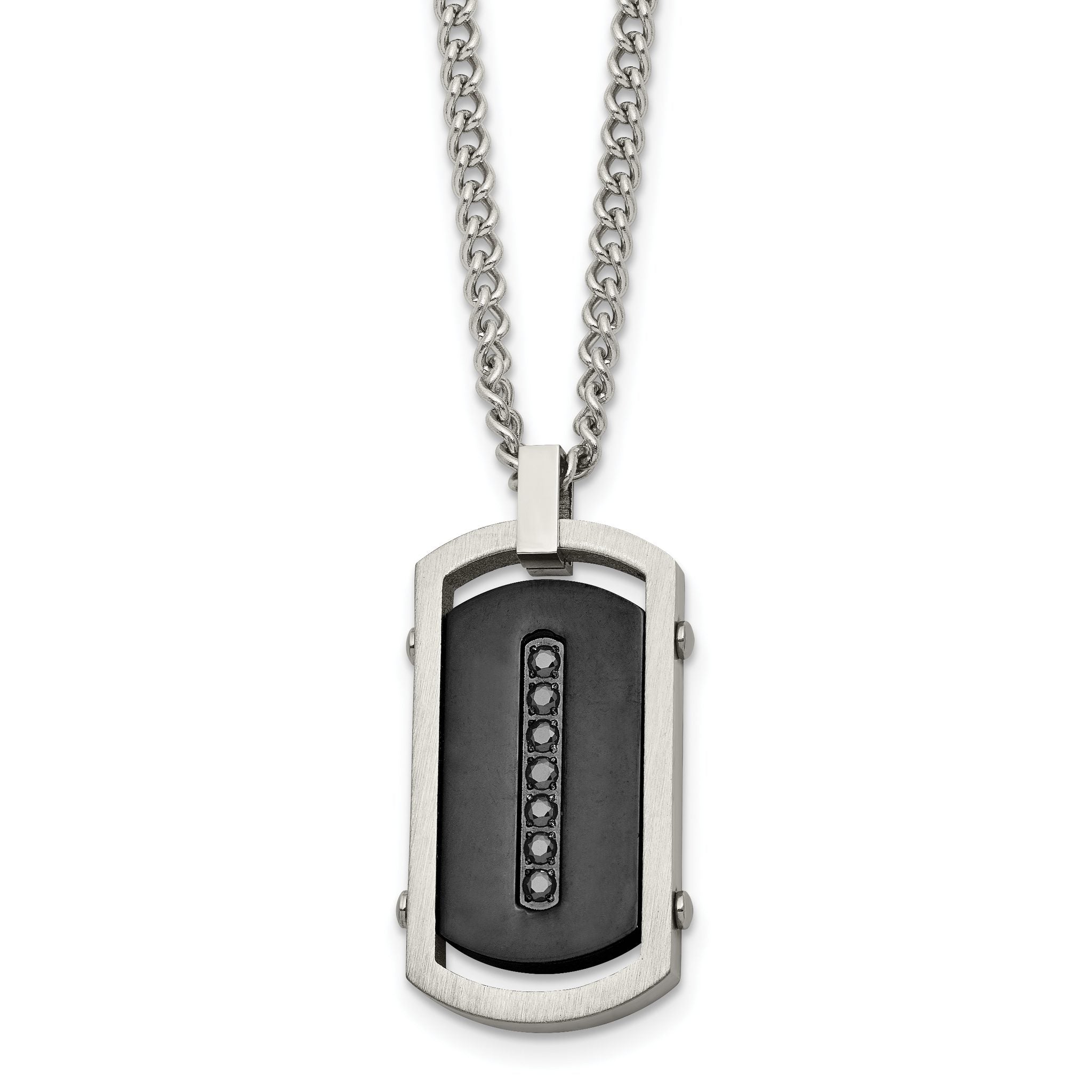 Chisel Stainless Steel Brushed and Polished Black IP-plated Center with Black CZ Dog Tag on a 22 inch Curb Chain Necklace Main image