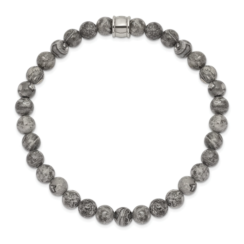 Stainless Steel Polished 6mm Grey Jasper Beaded Stretch Bracelet for Men