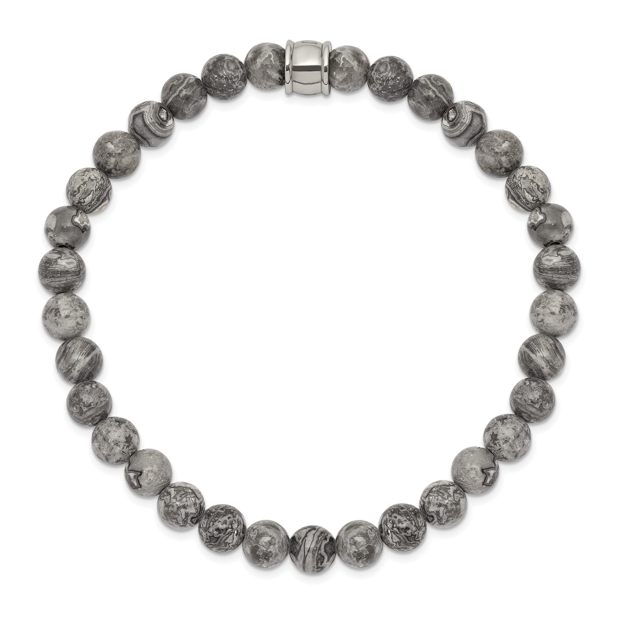 Stainless Steel Polished 6mm Grey Jasper Beaded Stretch Bracelet for Men