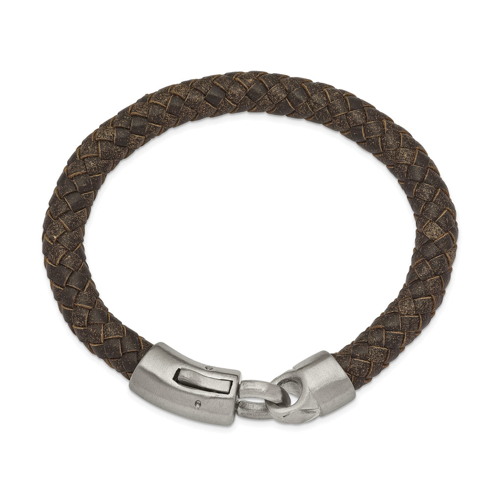 Stainless Steel Brushed Brown Braided Leather Bracelet for Men