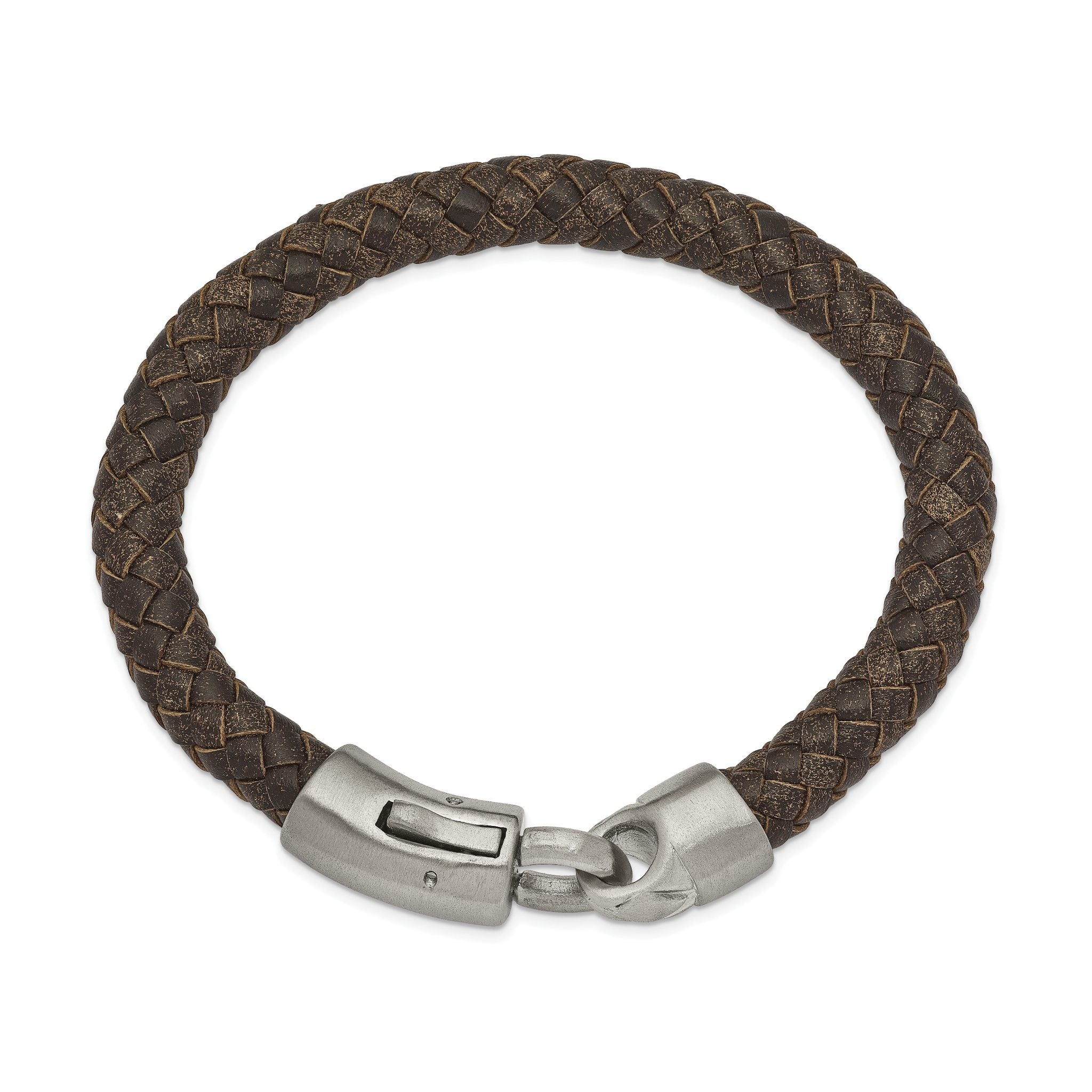 Stainless Steel Brushed Brown Braided Leather Bracelet for Men