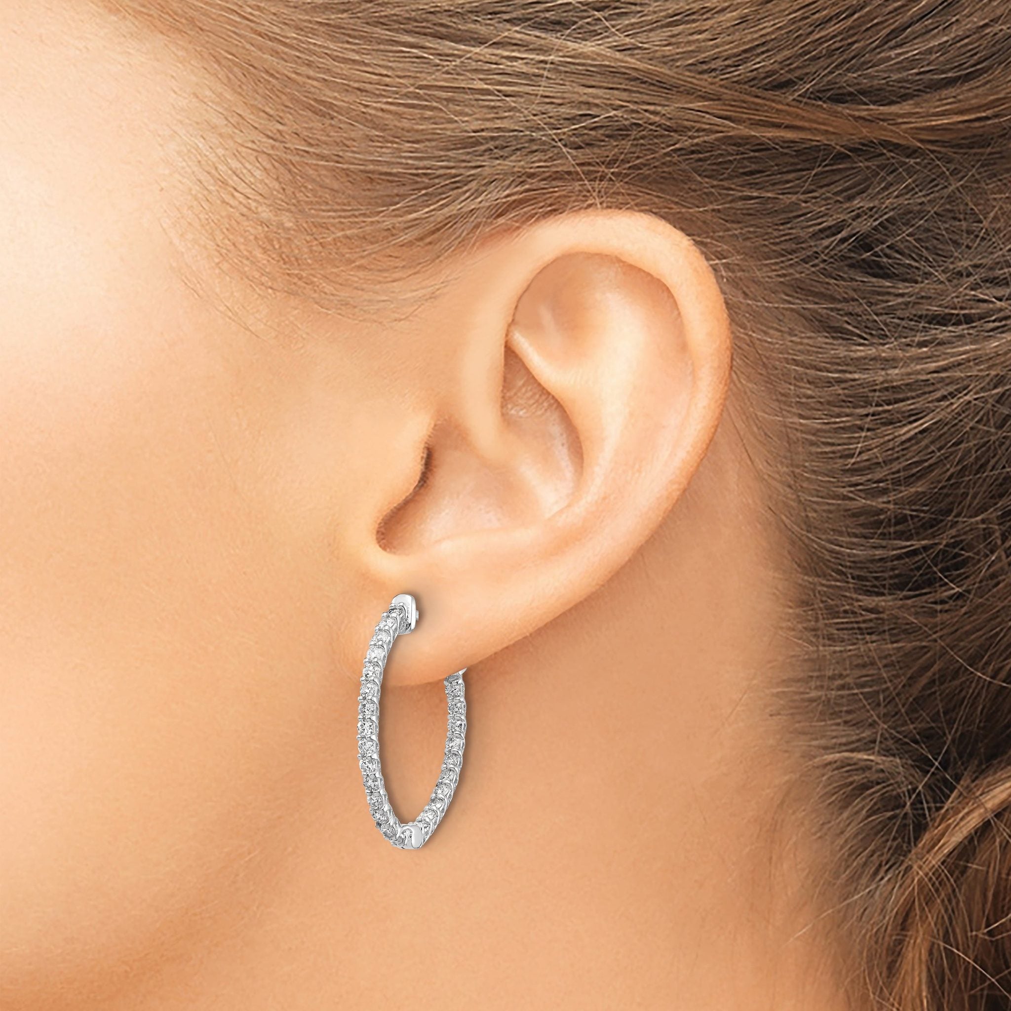 14k White Gold Diamond Oval Hoop w/Safety Clasp Earrings