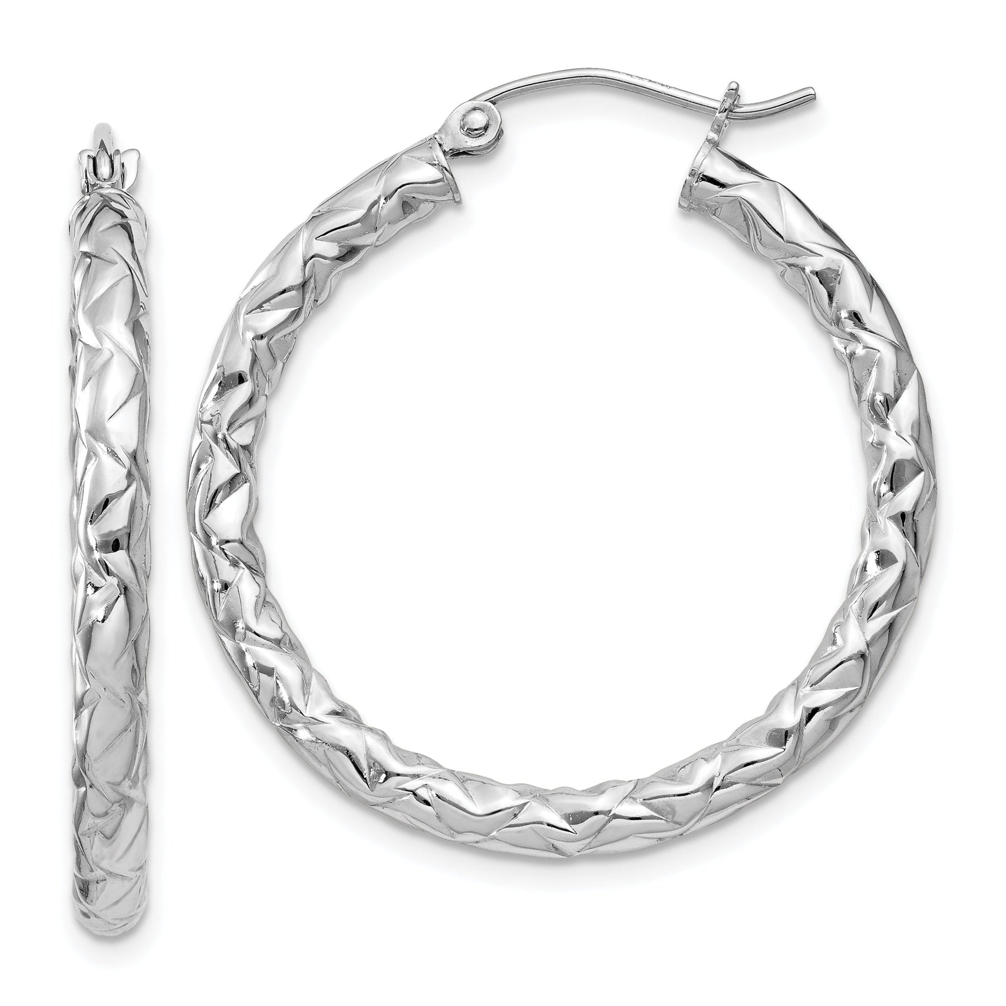 Sterling Silver Rhodium-Plated Textured Hoop Earrings Polished & Hollow Design Main image