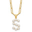Sterling Silver Gold-plated 3-5.5mm White Button Freshwater Cultured Pearl LETTER S 18 inch Necklace