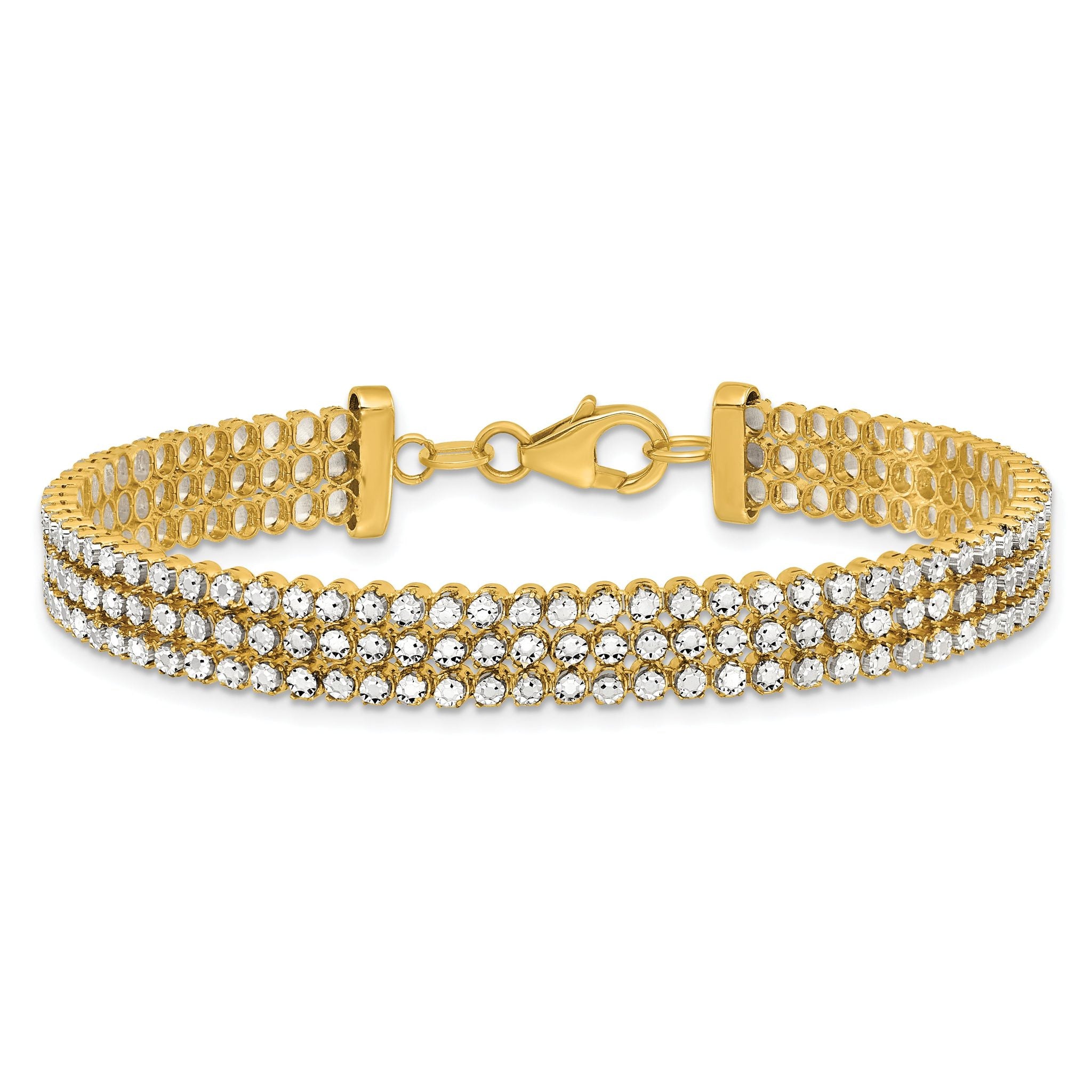 14K Two-tone Polished/Dia-cut 3-Row Bracelet
