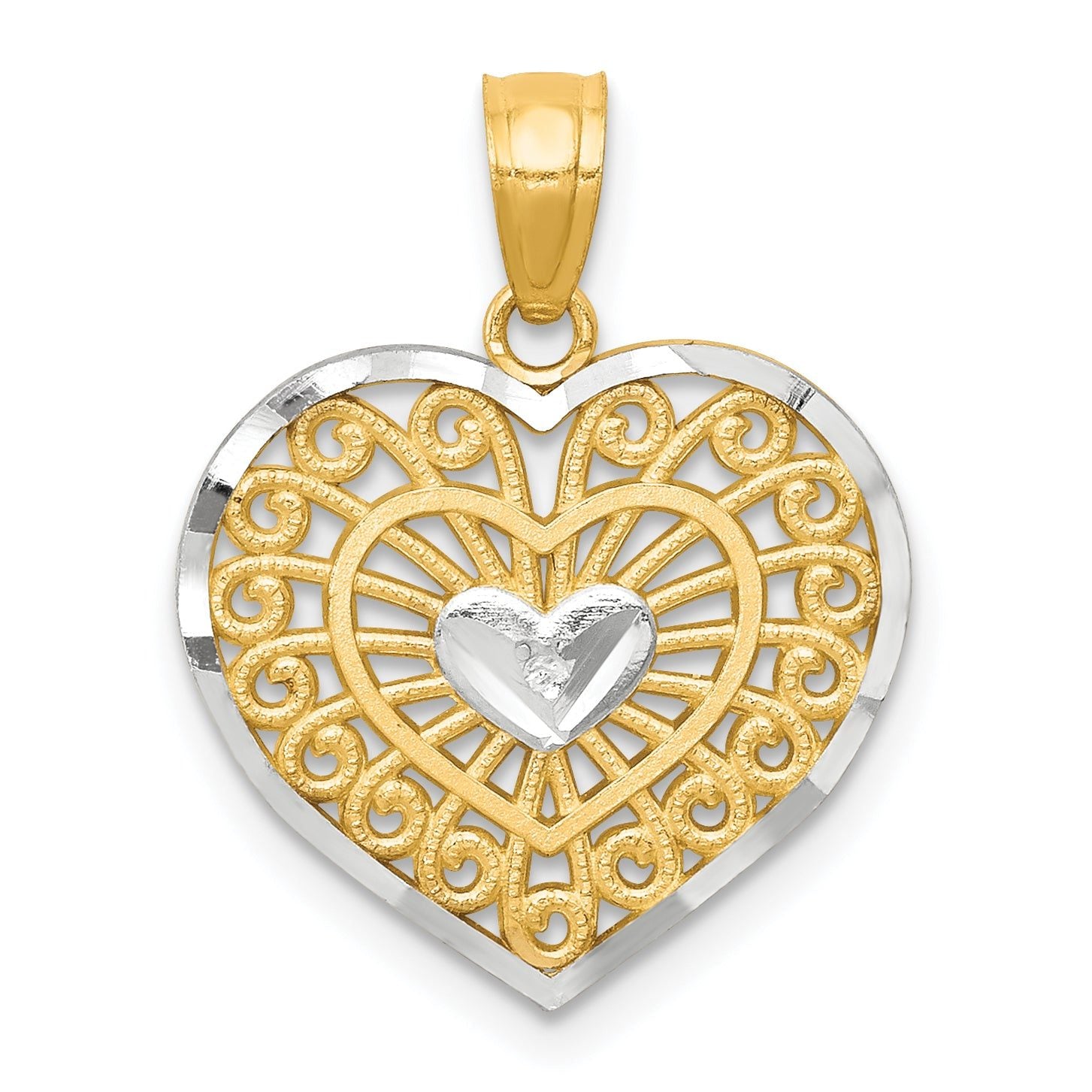 10K Gold Heart Charm with Rhodium Accents, Polished Elegant Design Main image