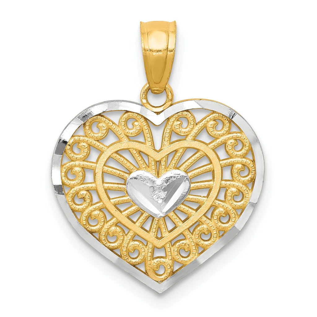 10K Gold Heart Charm with Rhodium Accents, Polished Elegant Design