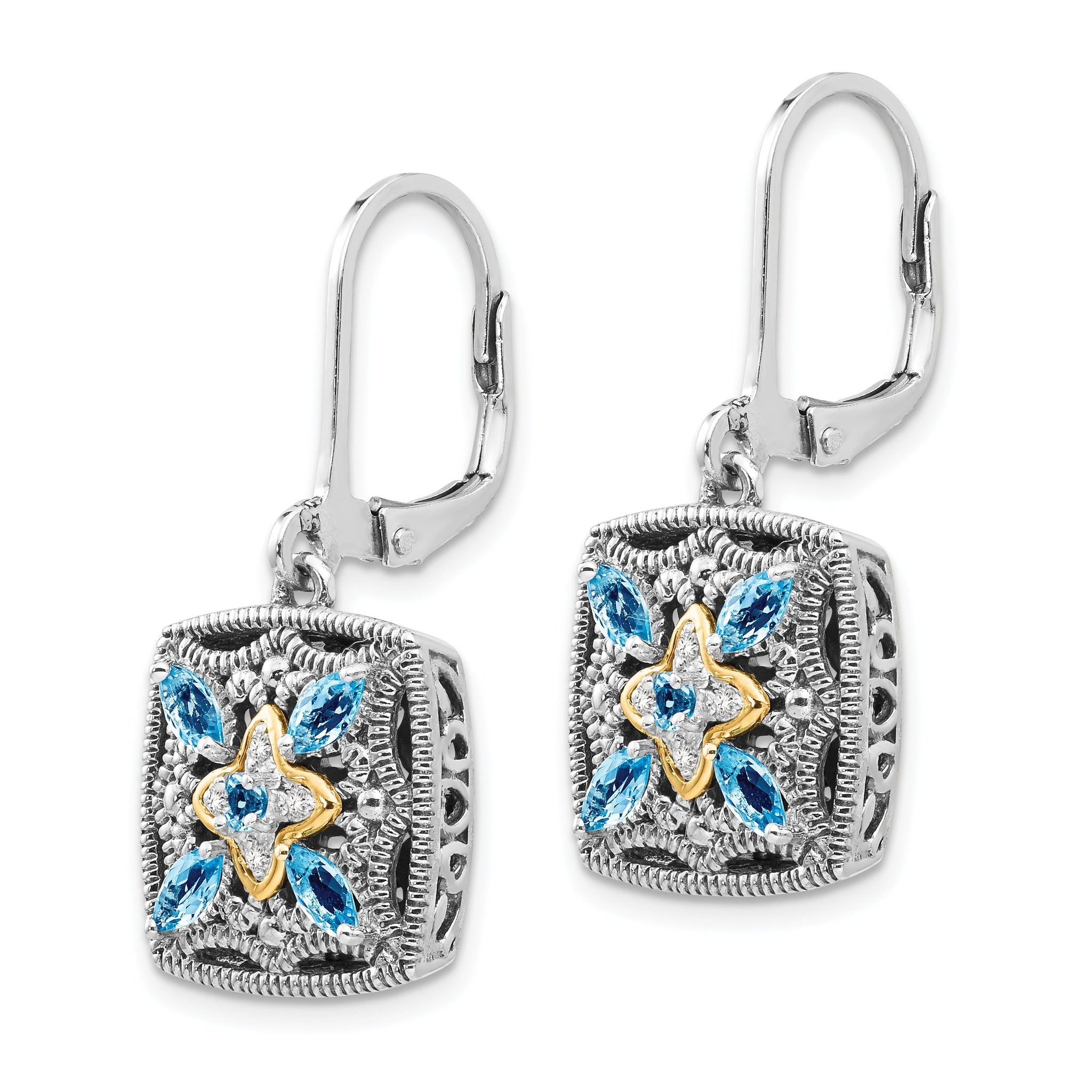 Sophia Jewelers Sterling Silver 14K Gold Leverback Earrings with Antiqued Diamond and Blue Topaz Secondary image