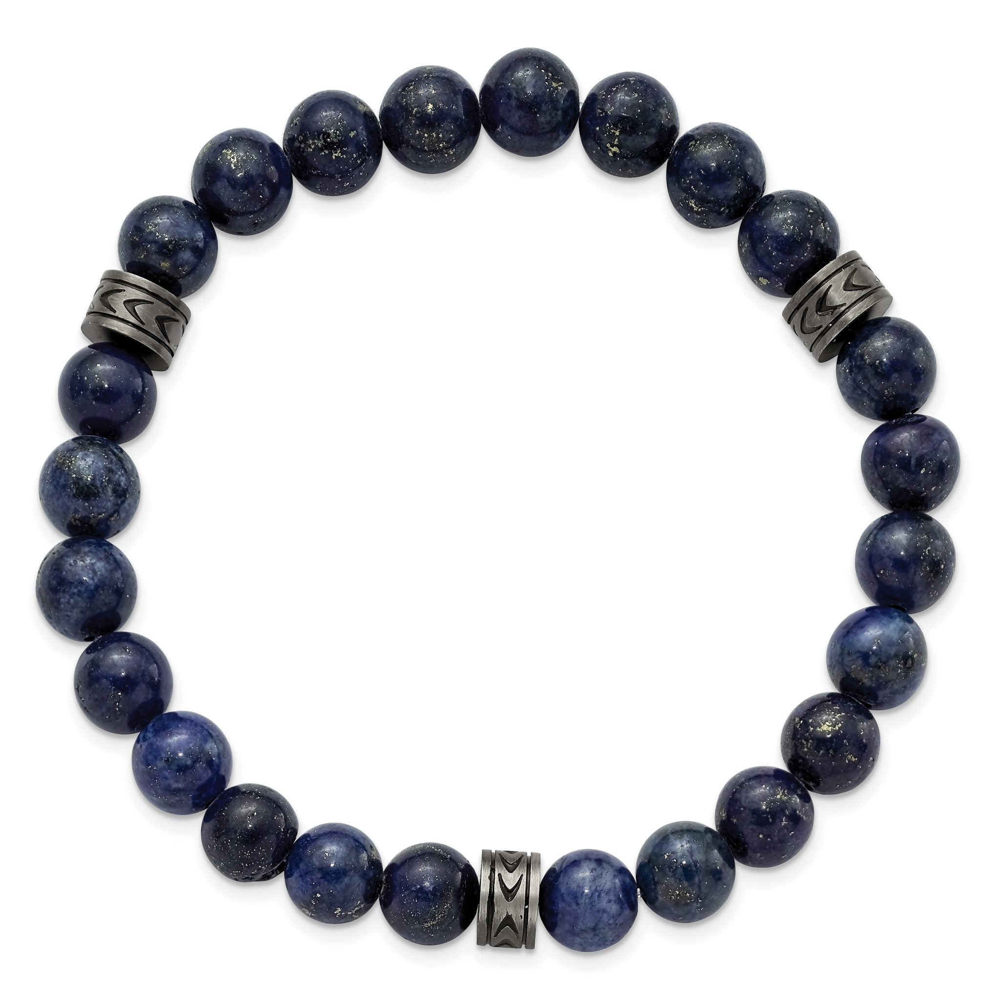 Stainless Steel Antiqued White Bronze-plated 6.5mm Lapis Beaded Stretch Bracelet