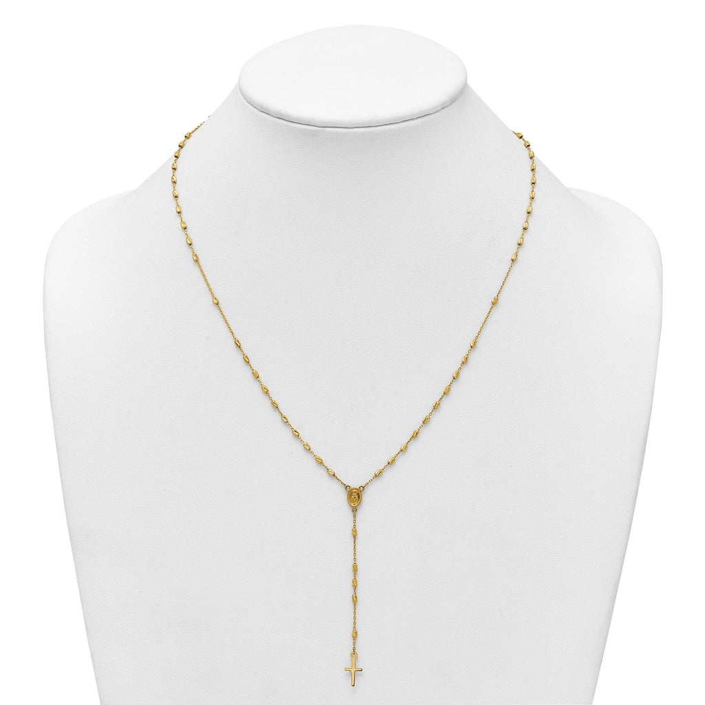 14k Polished Cross and Miraculous Medal Diamond-cut Beaded 16.75 inch Rosary Necklace with 2 inch Extender