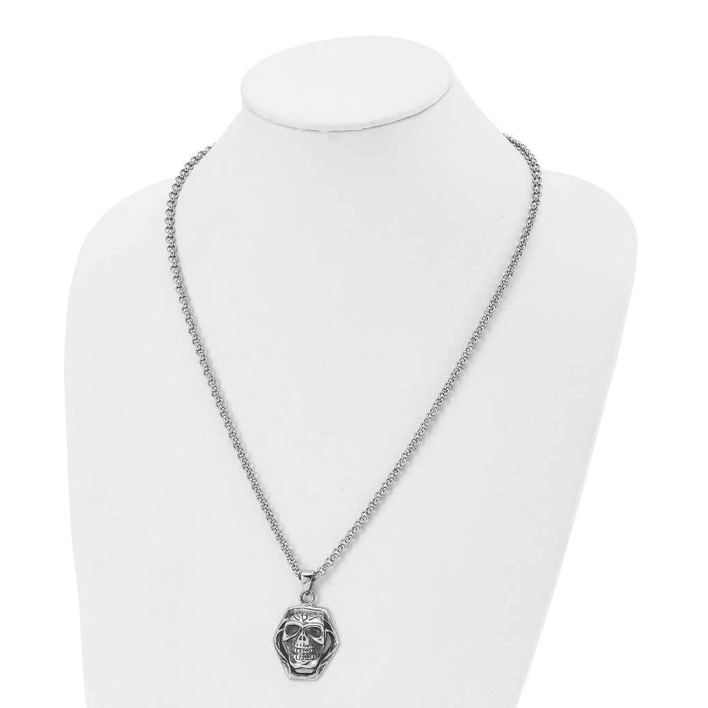 Antiqued Skull Pendant Necklace in Stainless Steel