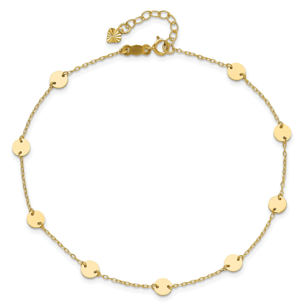 14K Polished Disc 9-Station 9 inch Plus 1 inch Extender - Total 10 inch Anklet