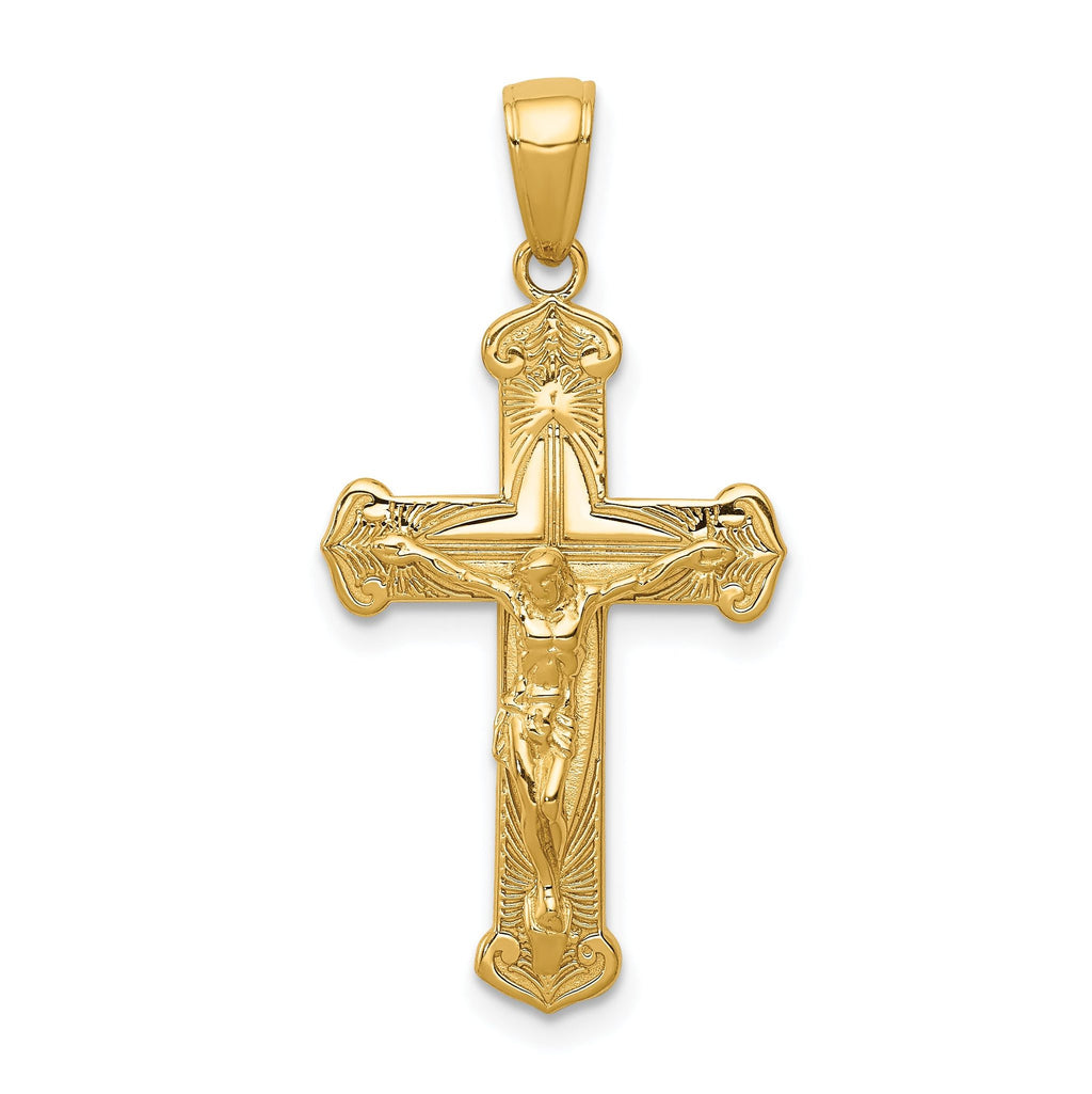 14K Gold Polished Textured Crucifix Pendant Elegant Solid Design