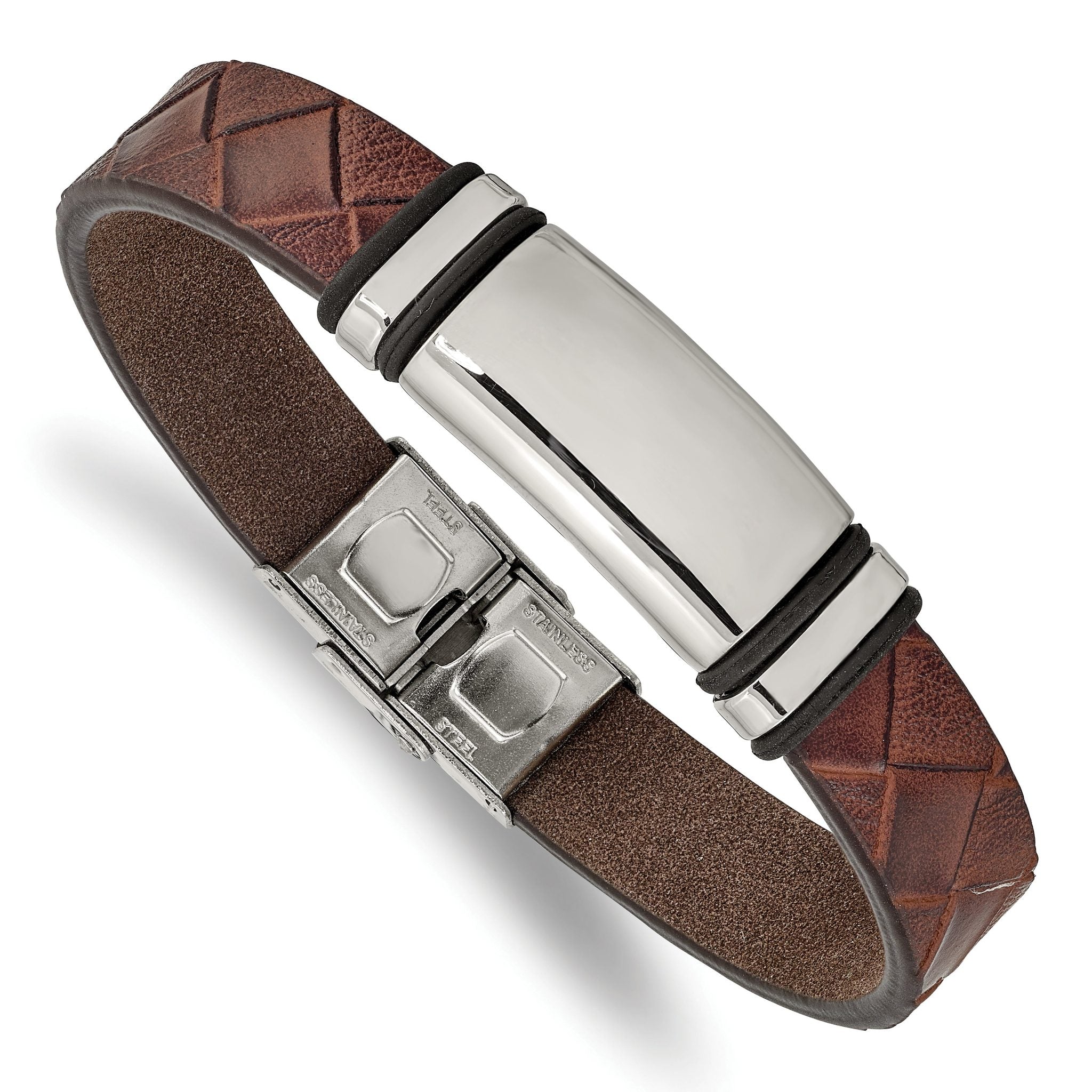 Stainless Steel Polished Brown Faux Leather with Black Rubber ID Bracelet for Men Main image