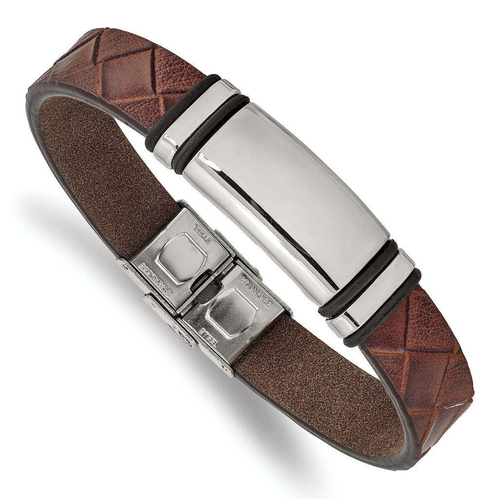 Stainless Steel Polished Brown Faux Leather with Black Rubber ID Bracelet for Men