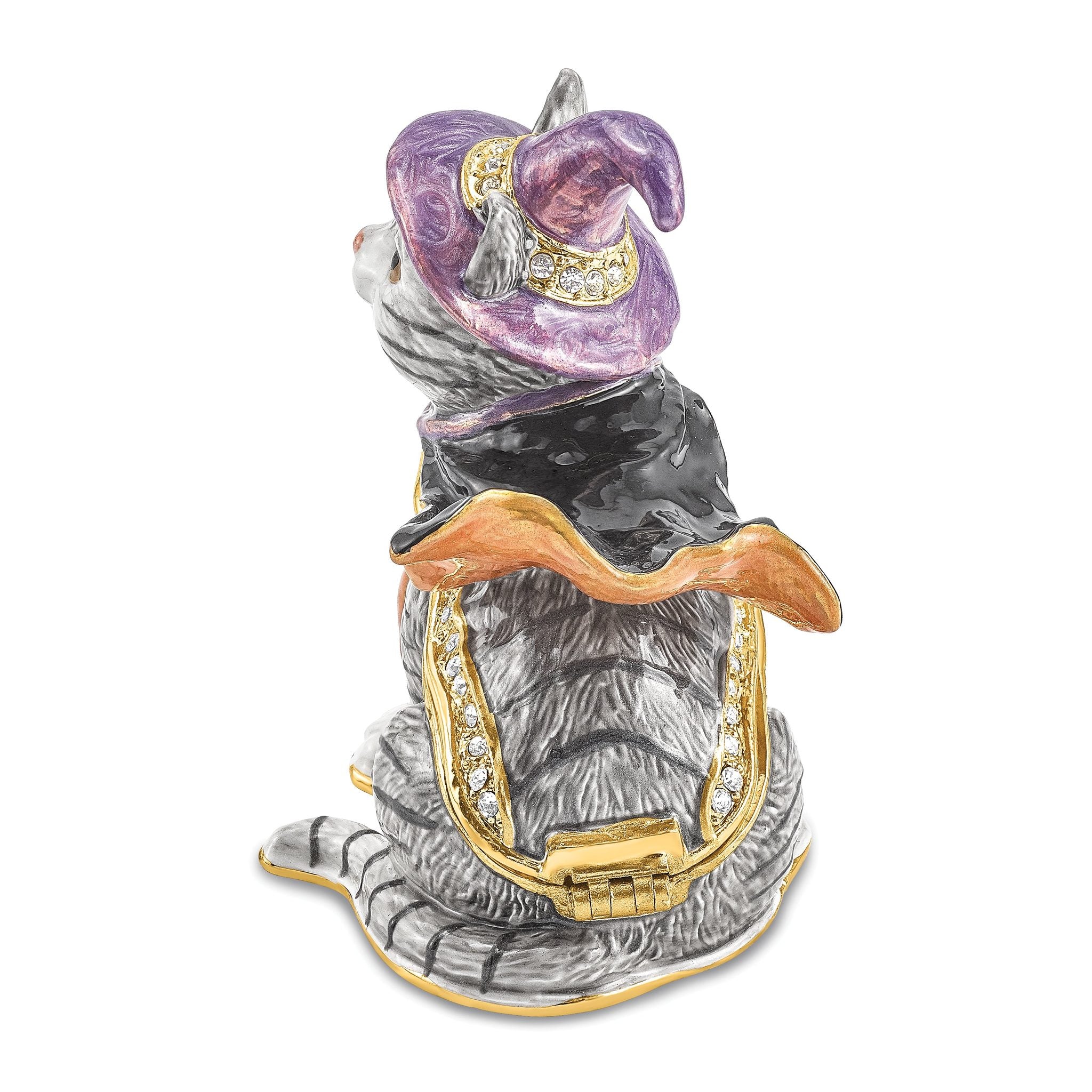 Luxury Giftware by Jere Bejeweled Crystals Gold-tone Enameled SERENA Halloween Cat Trinket Box with Matching 18 Inch Necklace