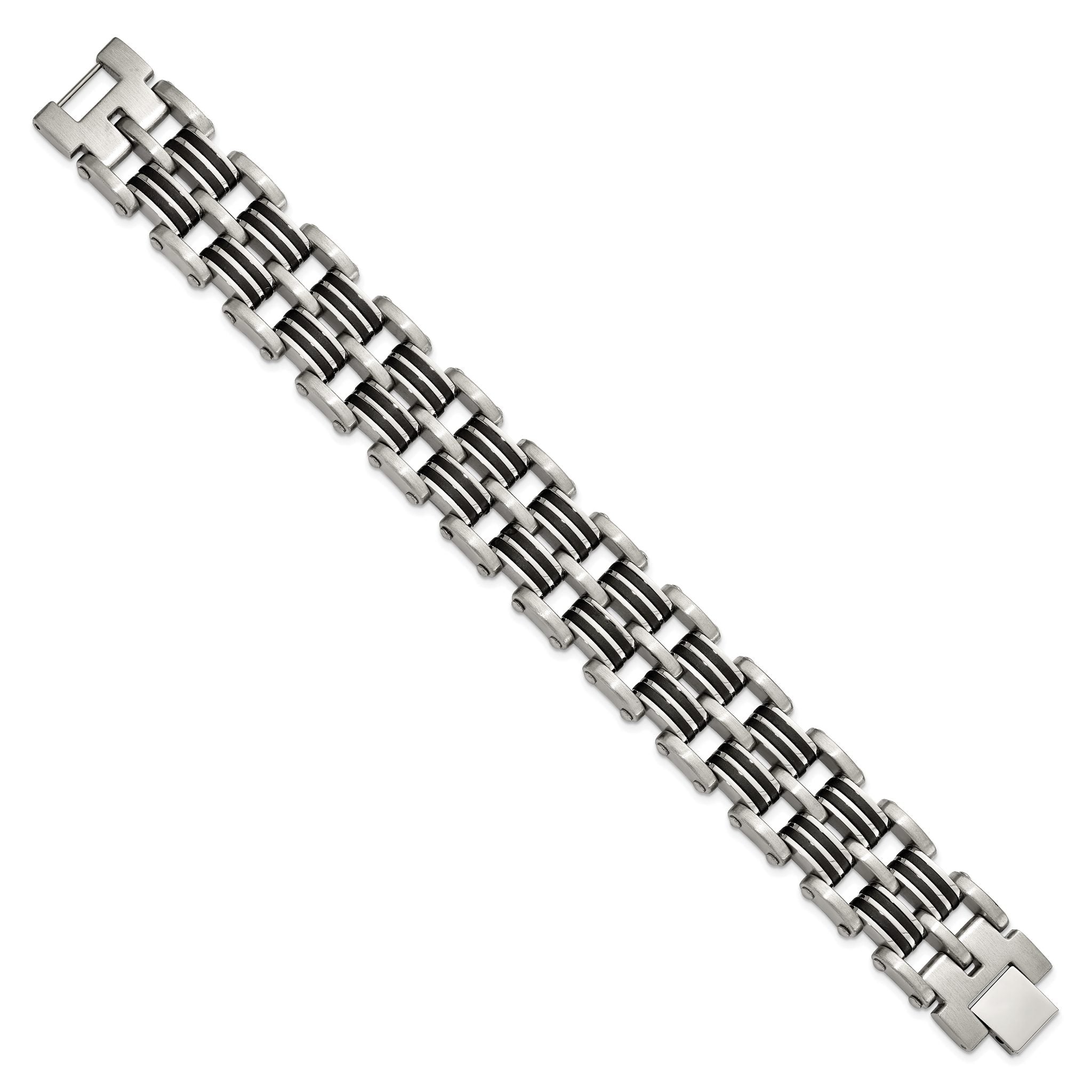 Stainless Steel Brushed and Polished with Black Rubber Inlay Link Bracelet for Men