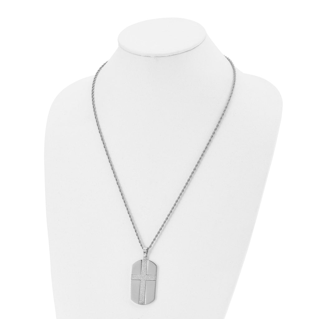 Chisel Stainless Steel Polished Laser Cut Cross Dog Tag on a 24 inch Rope Chain Necklace