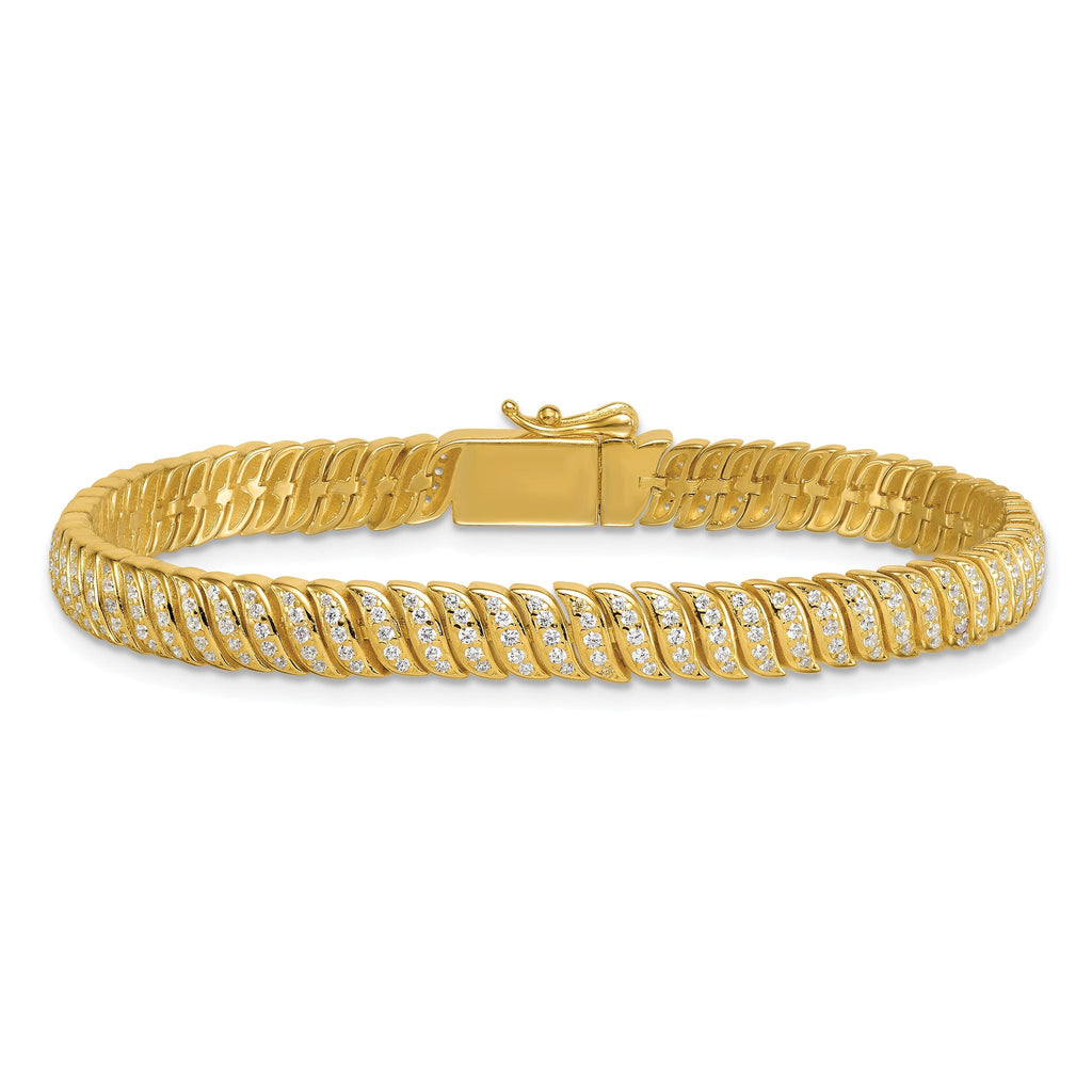 Sterling Silver Gold-Tone Polished Fancy CZ S-Link 7 Inch Bracelet