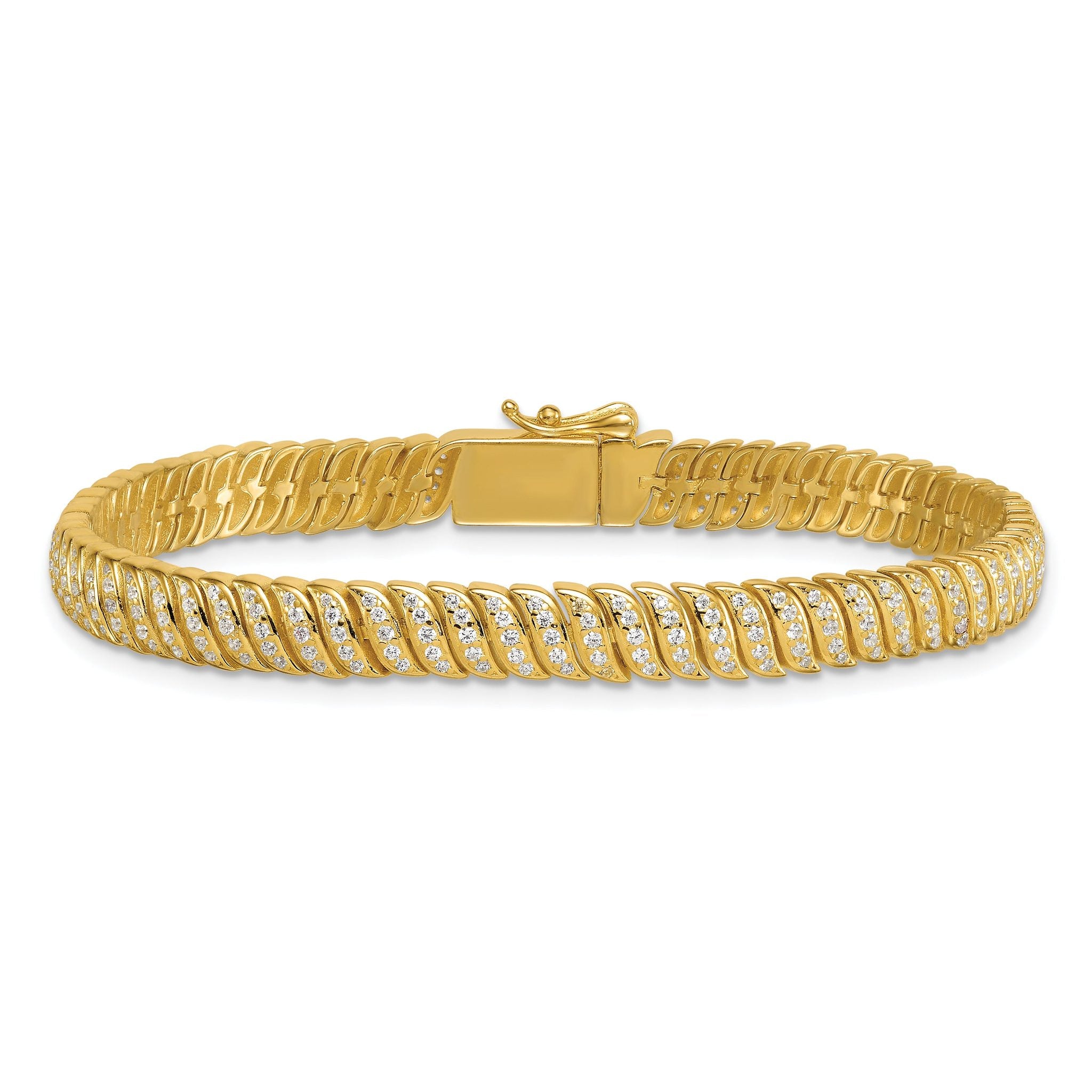 Sterling Silver Gold-Tone Polished Fancy CZ S-Link 7 Inch Bracelet