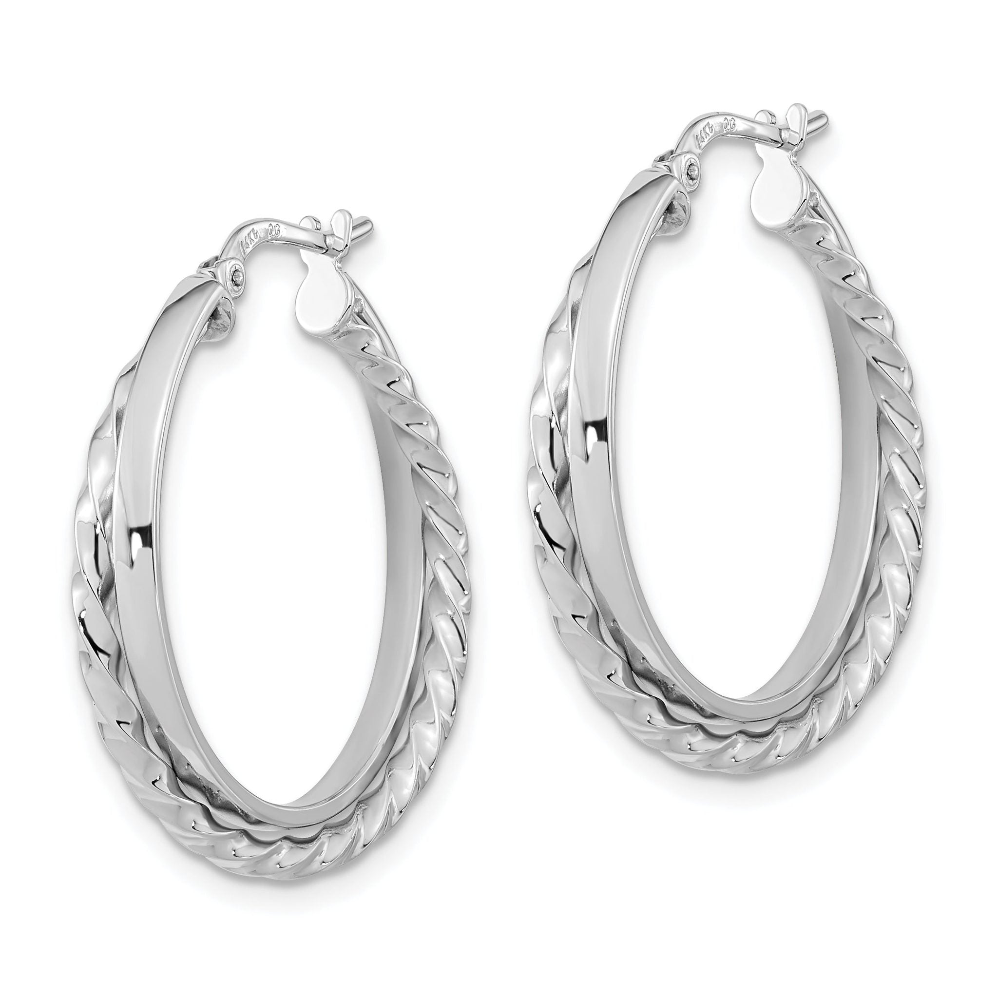 14K White Gold Polished and Textured Hinged Hoop Earrings Secondary image