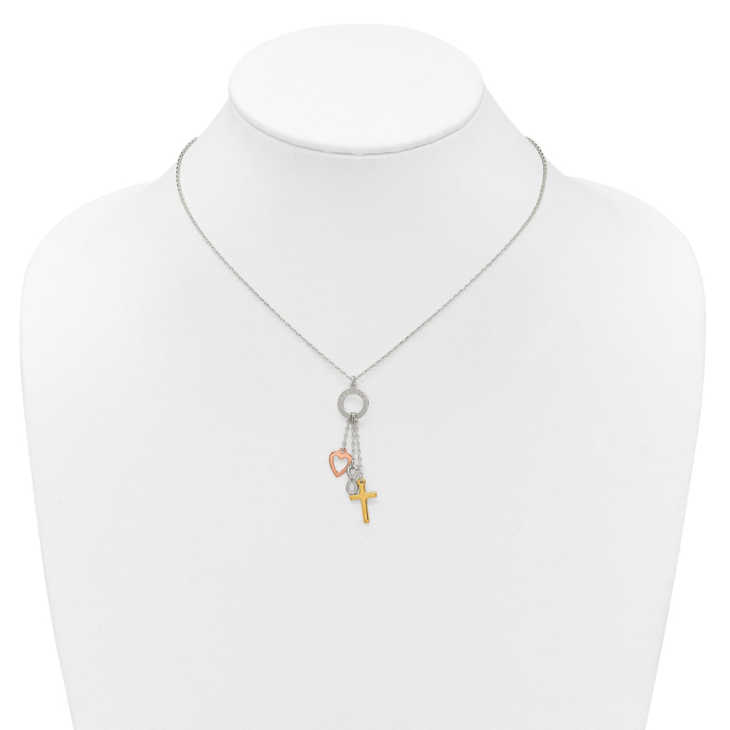 Sterling Silver Infinity and Gold-tone Cross and Rose-tone Heart BLESSED Circle 16 inch Necklace