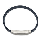 Stainless Steel Polished Navy Blue Leather ID Bracelet for Men
