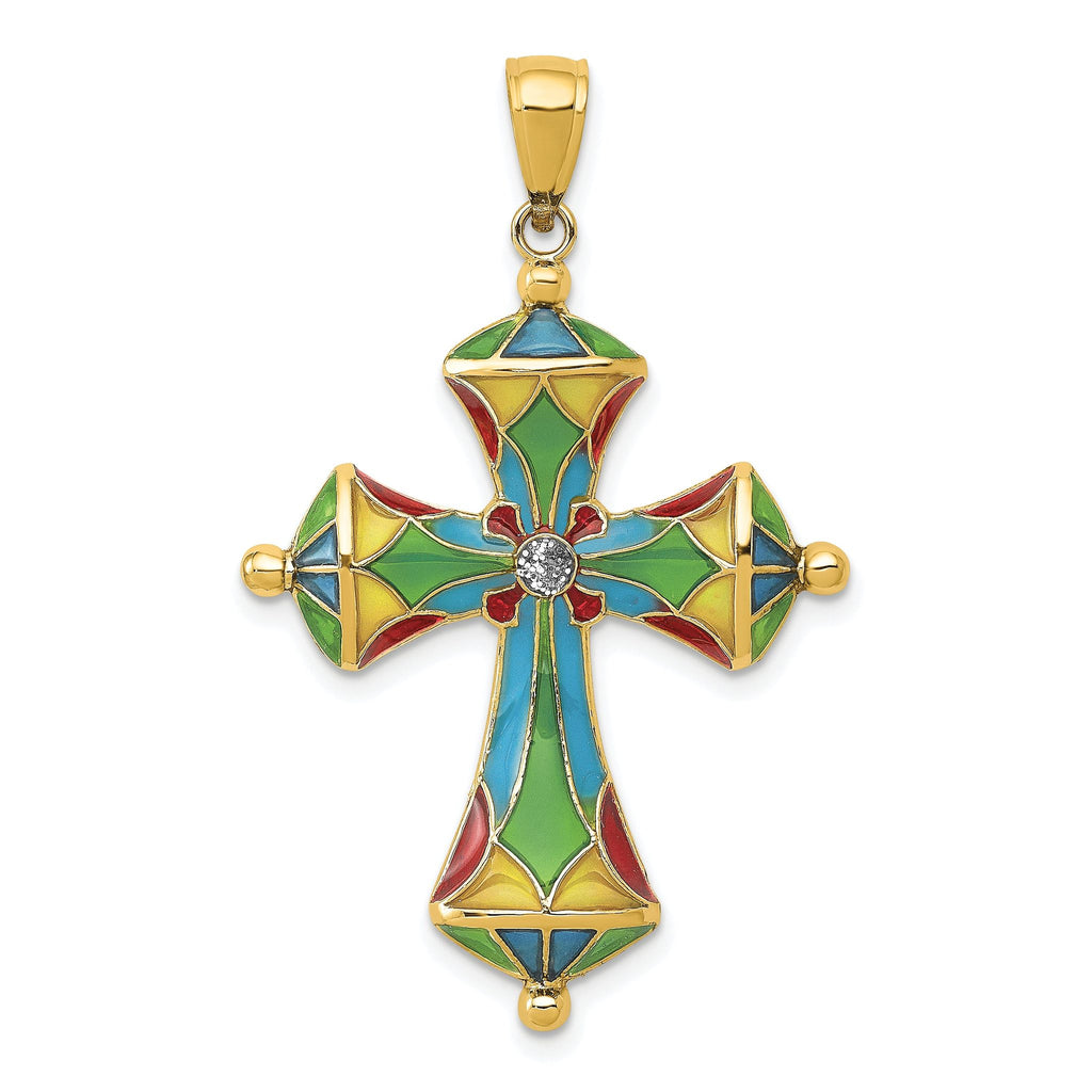 14K Yellow Gold Multi-Color Enamel Cross Pendant, 40mm Solid Cast